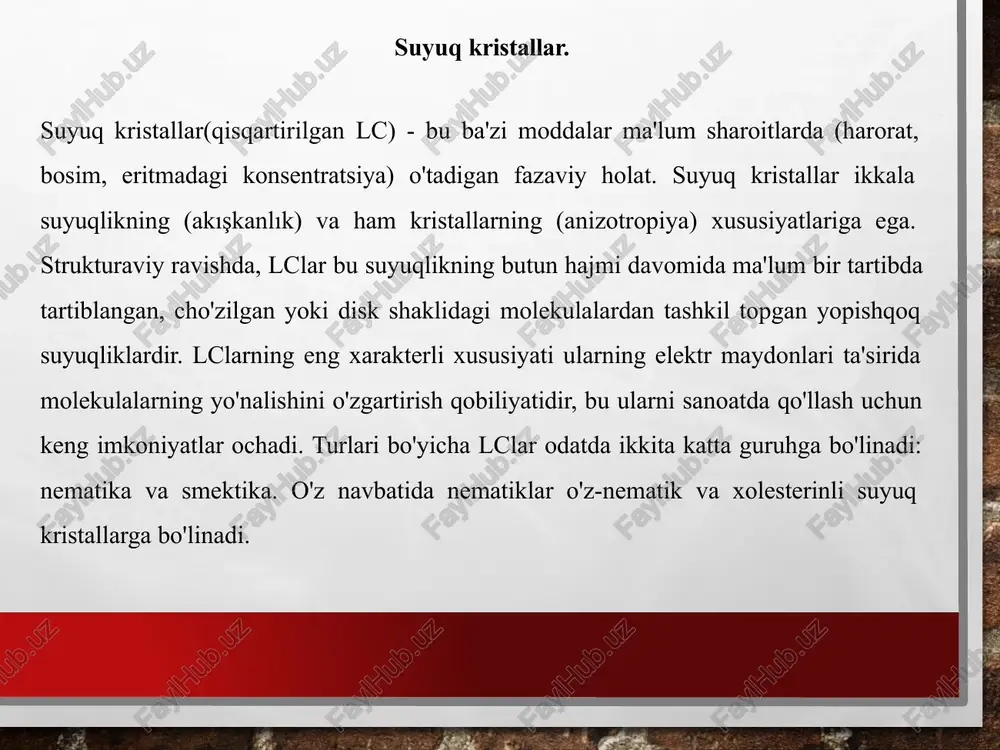 larga qarama-qarshi xolestik suyuq kristallar optik manfiydirlar. buning ma’nosi sho’qi molekulyar qatlamlarga perpendikulyar tarqalayotgan yorug'likning tezligi masimal qiymatga ega. uchchala suyuq kristall moddalarga xos xususiyat ikkinlanma nur sindirilishining mavjudligidir. xolesterik holatda modda haroratga qarab, dastlab binafsha, keyin xavorang, keyin ko’k, keyin sariq, qizil va nihoyat infraqizil soxaga o’tganda ular yana rangsizlanadi. xulosa o’rnida shuni aytish mumkinki, hozirgi kunda ilm ishlab chiqaruvchi kuchga aylandi va shuning uchun u yoki bu ob’yekt va hodisaga bo’lgan yuqori ilmiy qiziqishimiz va ob’yekt yoki hodisa xomashyo ishlab chiqarish uchun qiziqish uyg’otishini anglatadi. bundan suyuq kristallar ham mustasno emas. ularga bo’lgan qiziqishimiz shundan iboratki, ularni ishlab chiqarish ishlari sohasida samarali qo’llash imkoniyatiga egamiz. suyuq kristallarni qo’llanilishi iqtisodiy samara, oddiylikv qulaylikni anglatadi. buning eng keng qullanilga yunalishi –termografiya bo’lib, suyuq kristall moddaning tarkibini yig’ib, har xil temperatura va har xil ko’rinishda indikatorlar yaratiladi. suyuq kristall plyonka ko’rinishida tranzistorlarga, integral sxemalarga va bosma platalarga elektron sxemada o’rnatiladi. suyuq …