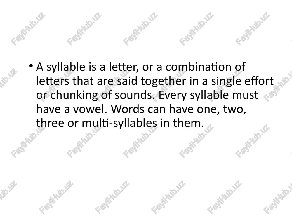 ong (oi, oy, aw, ow/owl...) > first vowel is long. > second vowel is usually silent . > proof: vv examples: hair stray haul note: two vowels together are not always a vowel digraph or diphthong. englishhasawidevarietyof ===: vv oh ® ve at ® vcc ask ® vccc asked ® cv no ® cvc not cvcc ramp ® cvvccc ramps ® ccv flew ® ccvc flute ® ccvcc flutes ccvccc crafts cccv spree ® cccvc spleen ® cccvcc strength ® cccvccc . strengths skill — syllables nore: syllables words are made up of parts called syllables. each syllable has a vowel sound. clap ly a fun way to count syllables is to clap os you read each word, es exomples: bat clap i sylable monkey 2 claps 2 syllcbles forever 3clops 3 syllables directions: read each word as you clap the syllables. write the number of syllables each word has. …
