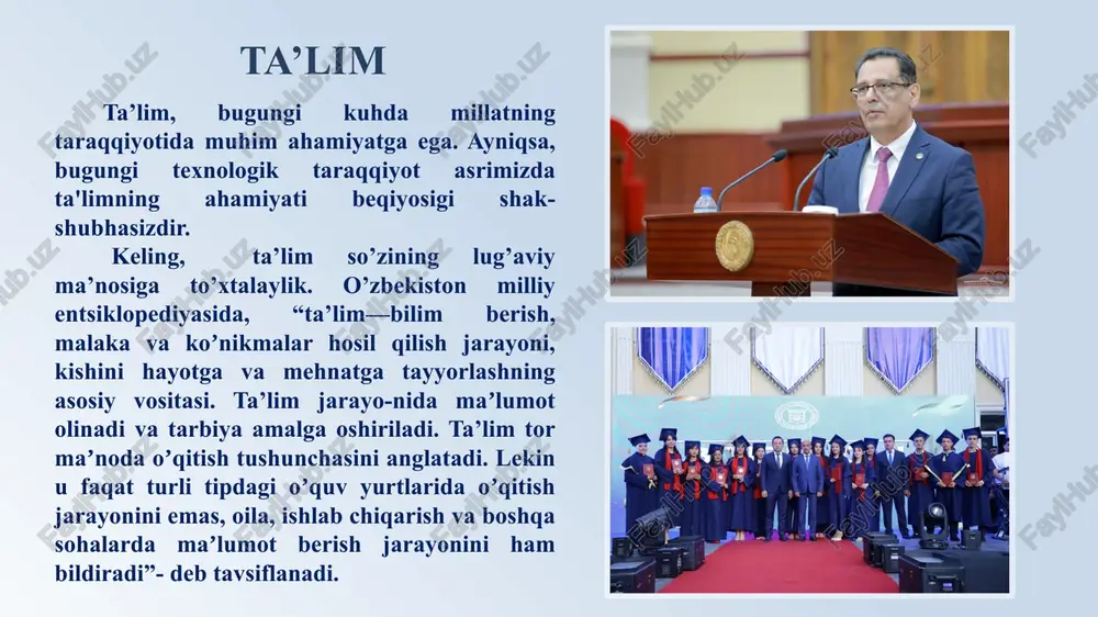 taraqqiyot davri poydevorini yaratyapmiz. bunda bizning eng yaqin ko‘makchilarimiz ustoz va murabbiylar, ilmiy va ijodkor ziyolilardir”. sh.mirziyoyev najot – tarbiyada tarbiya - biz uchun yo hayot - yo mamot, yo najot - yo halokat, yo saodat - yo falokat masalasidir abdulla avloniy buyuk hadisshunos olim imom ismoil al-buxoriy “al-adab al-mufrad” asarida tarbiya borasida shunday rivoyat qiladilar: najot – tarbiyada 41-bob. qiz tarbiya qilgan kishi haqida 76. uqba ibn omir (r.a.) aytdilar: "men rasululloh (s.a.v.)dan: "kimda uchta qiz bo’lib, ularning tarbiyasidagi qiyinchilikka sabr etsa va topgan molidan ularning kiyim-kechaklarini but qilsa, ular bu kishiga do’zaxdan parda bo’ladi", degan gaplarini eshitdim". 77. abdulloh ibn abbos (r.a.) rasululloh (s.a.v.)dan rivoyat qildilar. "rasululloh (sa.v.): "har bir musulmon kishining ikkita qizi bo’lib, ularni yaxshi axloq, yaxshi muomala bilan tarbiyat qilsa, qizlari albatta uning jannatga kirishiga sababchi bo’ladi", - dedilar". 78. jobir ibn abdulloh (r.a.) aytdilar: "rasululloh (s.a.v.): "kimning uchta qizi bo’lib, ularni o’z qo’lida tarbiya …