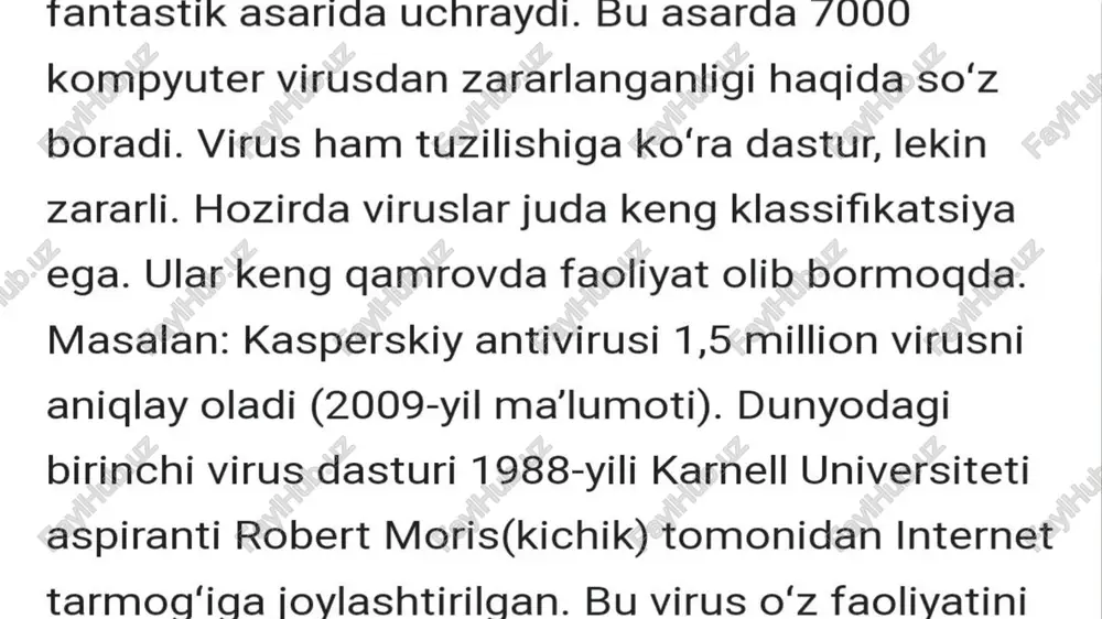 yadigan viruslardir. odatda bu viruslar internet yo'li intranet tarmoglari orasida tarqaladi. tarqalish usuli sifatida elektron xatlar yoki boshqa tez tarqaluvchi mexanizmlardan foydalanadi. ular hagiqatdan ham kompyuteringizdagi ma'‘lumotlar va kompyuter xavfsizligiga katta ziyon yetkazadi. chuvalchang viruslar operatsion tizimning nozik joylaridan foydalanish yoki zararlangan elektron xatlarni ochish yo'li bilan kompyuteringizga o’rnashib olishi mumkin. e'tiboringiz uchun tashakkur! /docprops/thumbnail.jpeg qurilishda axborot fandan mustagil is + maveu:viruslar hogida ‘ma_lumutlar