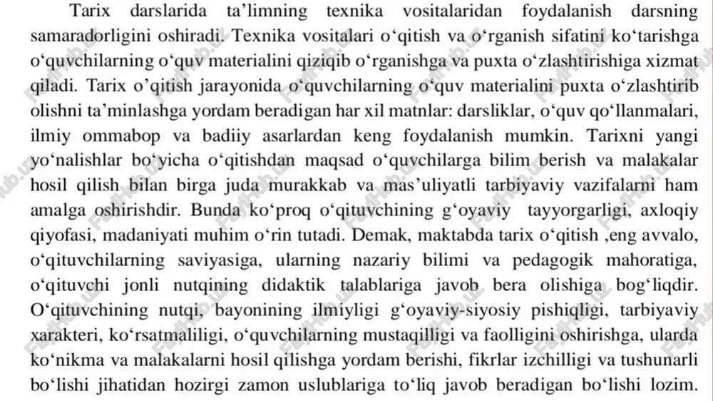 ining didaktik talablariga javob bera olishiga bog‘liqdir. o‘qituvchining nutqi, bayonining ilmiyligi g‘oyaviy-siyosiy pishiqligi, tarbiyaviy xarakteri, ko‘rsatmaliligi, o‘quvchilarning mustaqilligi va faolligini oshirishga, ularda ko‘nikma va malakalarni hosil qilishga yordam berishi, fikrlar izchilligi va tushunarli bo‘lishi jihatidan hozirgi zamon uslublariga to‘liq javob beradigan bo‘lishi lozim. shunday qilib, ko’rsatmalilik metodi: 1) tarixiy bilimlarning asosiy manbalaridan biri bollib xizmat qiladi; 4) o’quvchilarning o'quy materialini o’rganishga qizigishini oshiradi va ularning bilish faoliyatini faollashtiradi; 2) o’quv materialining ta’lim-tarbiya vazifalarini muvaffagiyatli amalga oshirishga yordam beradi; 5) o’qituvchining bayonini va uning darsda qo’llangan boshga o’quy usullarini o’quvchilarning tushunib olishini yengillashtiradi; ta’sirchan boli yordam beradi; o’qituvchidan talab etiladi - bilish sohasida: ma’naviy ehtiyoj va . woe qizigish intellektual qiziqish keng ilmiy saviya yangilikka intilish kasbiy tayyorganlik pedagogning ijodkorligi pedagogning mutaxasisligi pedagogik madaniyat fikrlashning pedagogik uslubi metodik mahorat innovatsion faoliyat kasbiy o’sish insonparvarlik bk kasbiy pozitsiya kasbiy faollik /docprops/thumbnail.jpeg reja: 1. xx asring 20-yilarida turkistonda tarix ani sith 2. soba …
