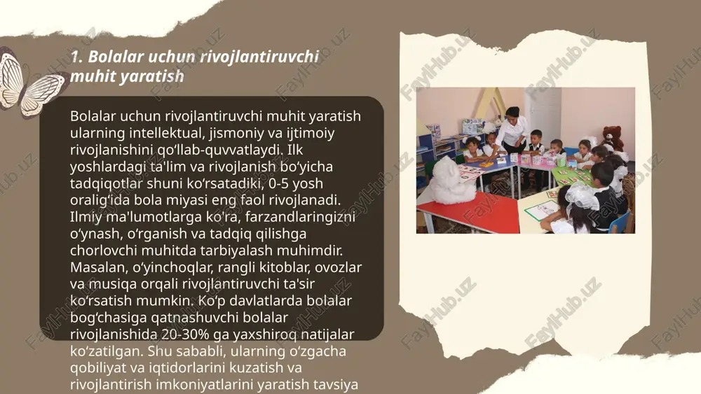 dam beradi. ayni vaqtda, scoop usa'da olib borilgan izlanishlar natijasida, kompyuter o‘yinlari o‘ynashga sarflangan vaqtdan 40% ni ijodiy faoliyatga yo‘naltirish bolalar orasida tasavvur qobiliyatlarini qo‘llab-quvvatlaydi. ... t.me/slaydai_bot jamiyatda rolli oʻyinlar ijtimoiy tajribalar va shaxsiy rivojlanish uchun muhim vosita hisoblanadi. ushbu oʻyinlar ishtirokchilarga turli rollarni sinab koʻrish, empatiya va liderlik qobiliyatlarini rivojlantirish imkonini beradi. psixologik tadqiqotlar shuni ko‘rsatadiki, rolli oʻyinlar orqali insonlar muloqot qobiliyatlarini yaxshilab, ijtimoiy muhitga moslashish darajasini 30% ga oshirishlari mumkin. shu bilan birga, ularning ijodiy fikrlashi 25% ga kuchayadi. rolli oʻyinlar, masalan, drama yoki teatr ko‘rinishida boʻlsa, ishtirokchilarning o'z-o'zini anglash darajasini oshirib, ularni ko'proq 80% ijtimoiy vaziyatlarda faolroq qiladi. ... t.me/slaydai_bot 7. oʻyinchoqlar va rolli oʻyinlar 7. "oʻyinchoqlar va rolli oʻyinlar" boʻlimi bolalar rivojlanishi uchun muhim rol oʻynaydi. tadqiqotlar shuni koʻrsatadiki, yosh bolalarning 75% oʻyinchoqlar orqali ijtimoiy va hissiy koʻnikmalarni rivojlantiradi. rolli oʻyinlar, ayniqsa, 3-7 yosh oraligʻidagi bolalarda ijodkorlik va til qobiliyatini oshiradi. oʻyinchoqlar bozorida 2022 yilda jahon …
