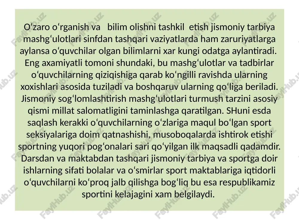 izmni ayrim sistemalarini qon aylanishini kuchaytiradi. yurak qon tomir nafas olish organlari ishini rivojlantiradi. 2-3 mashiq ortiqcha tasirchanlikni uyg‘ongandan so‘ng ortiqcha lanchlikni tushirib shuning bilan bir qatorda keyingi faoliyatga tayyorlanishga yordam beradi. majmua o‘qituvchi tomonidan ishlab chiqiladi, mashqlarni almashtirish tartibi yuqoridagi birinchi bo‘lim tez o‘rganilgan mashqlar almashtiriladi. mashqlarni o‘rganish jismoniy tarbiya darslarida olib borilishi mumkuun. ertalabki badantarbiyaning o‘tkazish sharoitlari. ertalabki badantarbiya derasalari ochiq xonalarda, xovlida, maydonchada o‘tkaziladi. gurux bolalari futbolka trikolarda oyog‘ida krasofkalarda chiqishadilar bunday tartibda bolalarni sekin sovuqqa o‘rgatib boradilar va chiniqtiradilar. kuzda, qishda esa maxsus kiyimlar kiyadilar. bunda qisqa muddatli yugurishga o‘tiladigan mashiqdan boshlanadi. u organizmda issiqlik xosil qilib yurak, o‘pka, faoliyatini kuchaytiradi. yurishdan yugirishga o‘tilib, keyin sekinlashadi va qayta saflanishga kolnnaga kegin doiraga o‘tiladi. katta miqdorda kislarod talab etuvchi muskul ishida nafas olish va sovuq qotish havfi yo‘qoladi, muntazam o‘tkazilsa sovuq tempiraturaga nisbatan ko‘nikma xosil bo‘ladi sovuq xavoda o‘tkaziladigan mashqlar juda katta suratda o‘tkaziladi. jismoniy tarbiya daqiqalari …