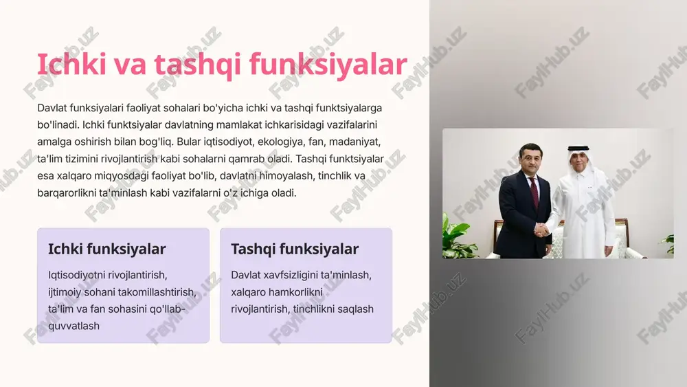 lish tartibni saqlash, huquq va erkinliklarni himoya qilish 6 shartnomaviy shakl bugungi kunda davlat funktsiyasini amalga oshirishning yangi turi - shartnomaviy shaklining roli oshib bormoqda. bu markazlashmagan davlat boshqaruvi hamda bozor iqtisodiyotining rivojlanishi bilan izohlanadi. shartnomaviy shakl davlat organlarining turli subyektlar bilan o'zaro munosabatlarini tartibga solishda muhim ahamiyat kasb etmoqda. bu shakl orqali davlat va xususiy sektor hamkorligi, davlatlararo shartnomalar tuzish kabi jarayonlar amalga oshiriladi. shartnomalar davlat va xususiy sektor o'rtasidagi kelishuvlar hamkorlik davlat-xususiy sheriklik loyihalari xalqaro aloqalar davlatlararo shartnomalar tuzish 7 huquqiy bo'lmagan shakllar davlat funktsiyalarini amalga oshirishning huquqiy bo'lmagan shakllari ham mavjud. bu shakllar davlat funktsiyalarini amalga oshirishda tashkiliy-tayyorgarlik ishlarining asosiy qismini qamrab oladi. bunday faoliyat zarur va huquqiy bo'lib, u huquqiy ahamiyatli faoliyatlar bilan bog'liq emas hamda huquqiy oqibatlarni keltirib chiqarmaydi. huquqiy bo'lmagan shakllarga tashkiliy-xo'jalik faoliyati, tashkiliy-mafkuraviy ish kabi turlar kiradi. tashkiliy-xo'jalik faoliyati davlat funktsiyalarini bajarishni moddiy ta'minlash bo'yicha amaliy, texnik ishlar tashkiliy-mafkuraviy ish davlat funktsiyalari bajarilishini …