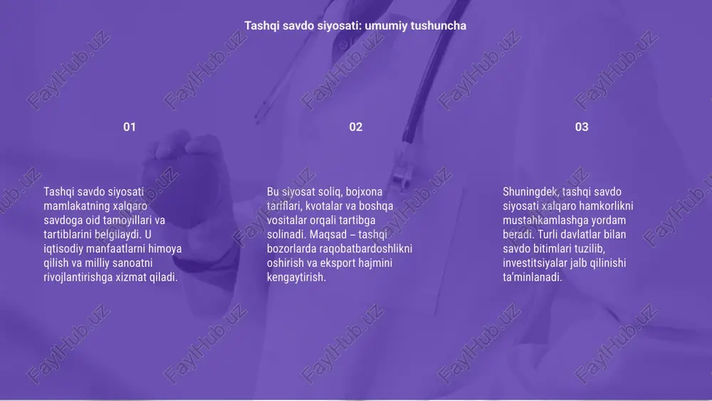 mamlakatlar o'rtasidagi iqtisodiy hamkorlikni rivojlantiradi. savdo cheklovlarining kamayishi biznes imkoniyatlarini kengaytiradi. 02 erkin savdo mamlakatlar iqtisodiyotini o'sishiga hissa qo'shadi, yangi bozorlar ochiladi. shu bilan birga, mahalliy ishlab chiqaruvchilarga raqobatning ortishi muammolar tug'dirishi mumkin. 03 xalqaro savdo jarayonlari ortib borishi natijasida texnologiyalar almashinuvi jadallashadi. bu esa jamiyat taraqqiyotiga xizmat qiladigan innovatsion o'zgarishlarga zamin yaratadi. globalizatsiya va tashqi savdo ta'siri tashqi savdo siyosati davlatning iqtisodiy rivojlanishida muhim rol o‘ynaydi. raqobatbardosh bozor yaratish va eksport salohiyatini oshirish asosiy vazifalardan biridir. kelajakda savdo siyosatini takomillashtirish orqali yangi bozorlar ochilishi kutilmoqda. investitsiya muhitini yaxshilash va xalqaro hamkorlikni kengaytirish muhim ahamiyatga ega. xulosa sifatida, samarali tashqi savdo siyosati mamlakat iqtisodiyotining barqaror o‘sishini ta’minlaydi. innovatsion yondashuv va strategik rejalashtirish ushbu yo‘lda muhim omillardir. kelajakdagi istiqbollar va xulosa e’tiboringiz uchun rahmat image1.png image2.png image3.png image4.gif image5.png image6.png image11.png