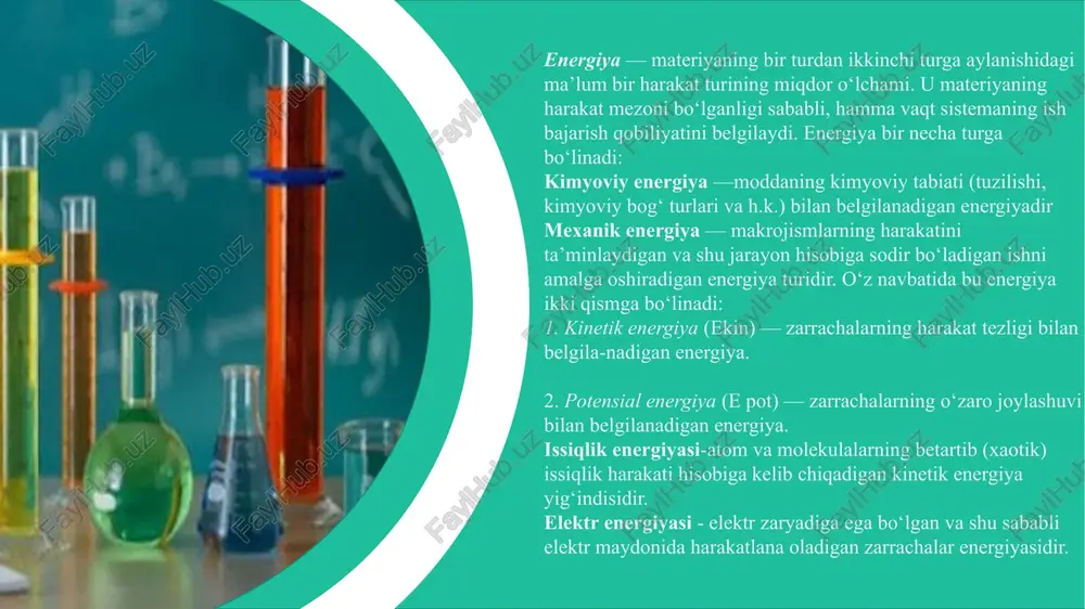 otlari va tashlandiq moddalar) almashinuvini amalga oshiradi. 1) yopiq sistemalar— bunday sistemalar tashqi muhit bilan faqat energiya almashinuvida ishtirok etadi. bunga shartli ravishda isitgich yoki sovutgich apparatlarini misol qilib keltirish mumkin (isitgich spirali oksidlanishi yoki sovutgichdagi freon atrof-muhitga tarqalishini hisobga olmagan taqdirda). 3.ajratilgan sistemalar — bunday sistemalarda tashqi muhit bilan modda va energiya almashinuvi sodir bo‘lmaydi. shartli misol tariqasida issiq suvli termosni keltirish mumkin. termos devorini tashkil etadigan shisha suvda deyarli erimaydi. ammo shu bilan bir qatorda mutloq erimaydigan modda yo‘q. termosdagi suv uzoq vaqt sovumasdan saqlanishi mumkin. ammo bu holat cheksiz vaqt qiymatiga ega emas. agar biror-bir sistemaning makroskopik holati unda (tashqi muhit omillari ta’sir etmagan holda) amalga oshayotgan jarayonlar ta’siri oqibatida o‘zgarmasa bunday holatga muvozanatda turgan sistema holati va unga to‘g‘ri keladigan qiymatlar muvozanat qiymatlari deb ataladi. bunga to‘yingan eritmalardagi dinamik muvozanatni misol tariqasida keltirish mumkin: eritmadagi moddaning qancha qismi cho‘kmaga tushsa, cho‘kmada bo‘lgan moddaning aynan shuncha miqdori …