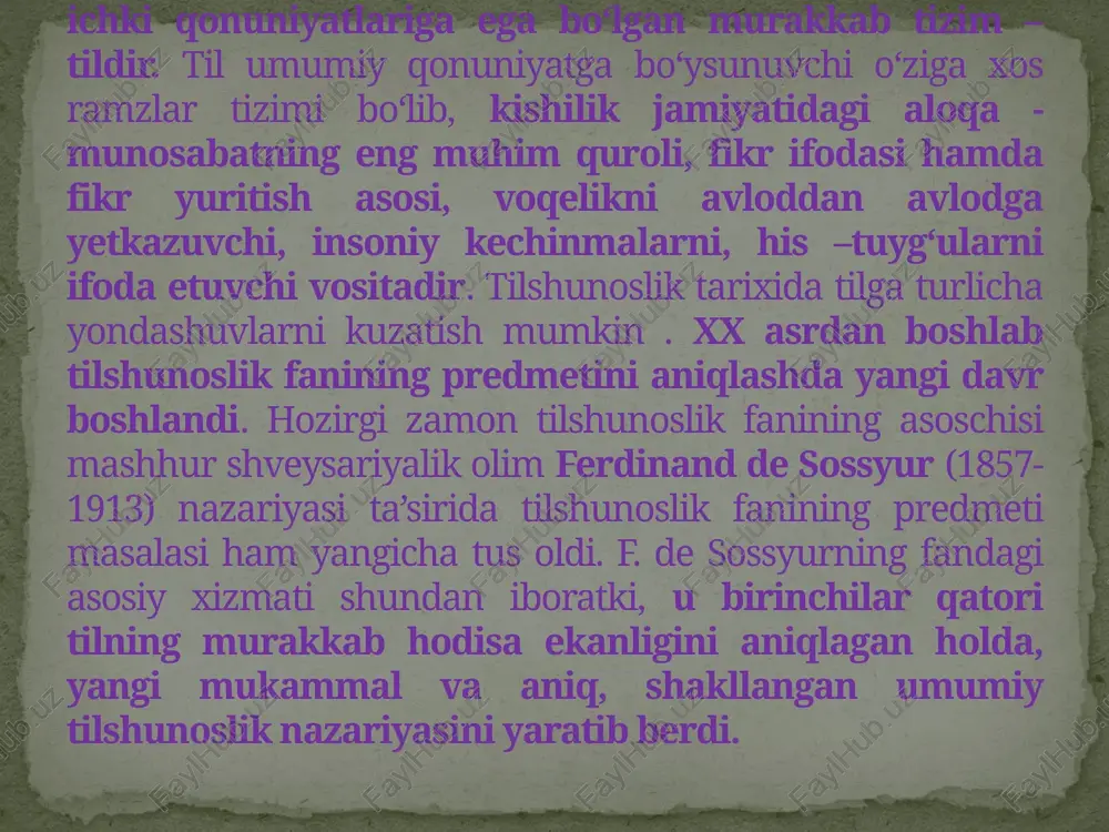 ot. 5. til va ma'naviyat. 6. til va din. 7. til va nutq. 8. til( nutq) birligi va ma'no (mazmun). 9. til va yozuv. 10.til semiotik ob'ekt sifatida. 11.til sistema va struktura sifatida. 12.tilda substantsiya va forma. image3.jpeg /docprops/thumbnail.jpeg mavzu: tilshunoslik fani, uning maqsad va vazifalarl