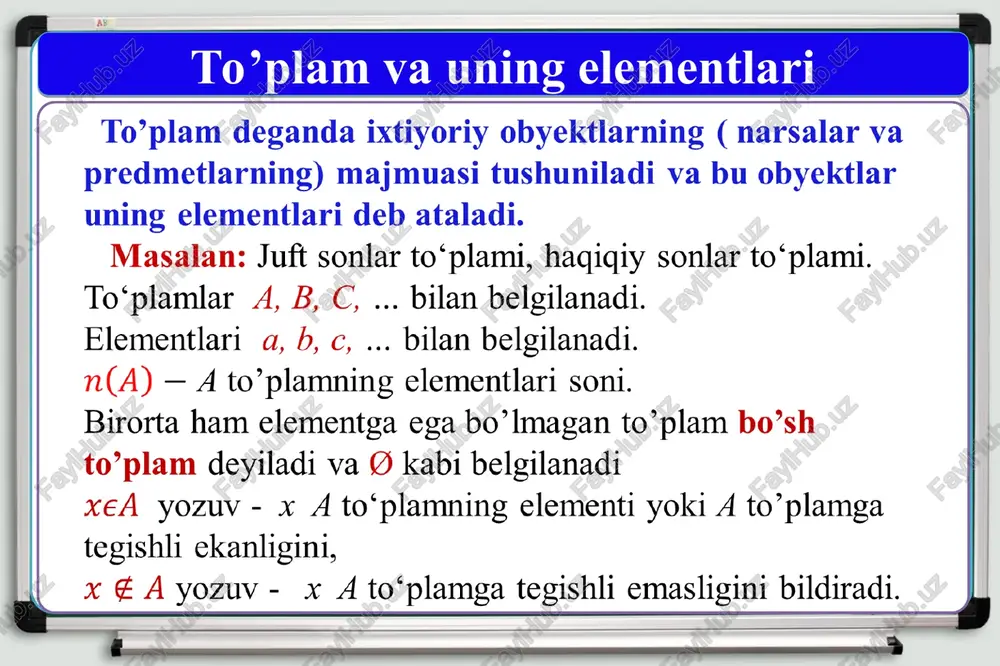 universial to‘plam tasvirlangan. quyidagi to‘plamlardan qaysi biri bo‘yalgan sohaga mos to‘plamni tasvirlaydi? (a'= u \a; b'= u\b) a) (a⋂v')∪(a'⋂v) b) (a'⋂v')∪(a⋂v) c) (a⋂b')∪(a⋂b) d) (a'⋂v)∪(a⋂v) mustaqil bajarish uchun topshiriqlar darsni yakunlash bugungi darsda to‘plamlar, to‘plamlarning elementlari, berilish usullari, to‘plamlarni birlashmasi, kesishmasi, ayirmasini, qism to‘plamlarini topishni, qolaversa venn diagrammasida to‘plamlarni tasvirlashni o‘rgandik. venn diagrammasi yordamida to‘plamlarni tasvirlash eng samarali va ko‘rgazmali usul hisoblanadi. foydalanilgan adabiyotlar ro‘yxati m.a. mirzaahmedov, sh.n. ismailov, a.q. amanov, b.q.xaydarov, matematika 10, darslik, toshkent, 2017. r.n.nazarov va boshqalar algebra va sonlar nazariyasi, 1-qism toshkent, 1993. matematika 2019-yil test topshiriqlari, davlat test markazi, toshkent, 2019. to’plam deganda ixtiyoriy obyektlarning ( narsalar va predmetlarning) majmuasi tushuniladi va bu obyektlar uning elementlari deb ataladi. masalan: juft sonlar to‘plami, haqiqiy sonlar to‘plami. to‘plamlar a, b, c, ... bilan belgilanadi. elementlari a, b, c, ... bilan belgilanadi. n(a) — a to’plamning elementlari soni. birorta ham elementga ega bo’ imagan to’plam bo’sh to’plam deyiladi …