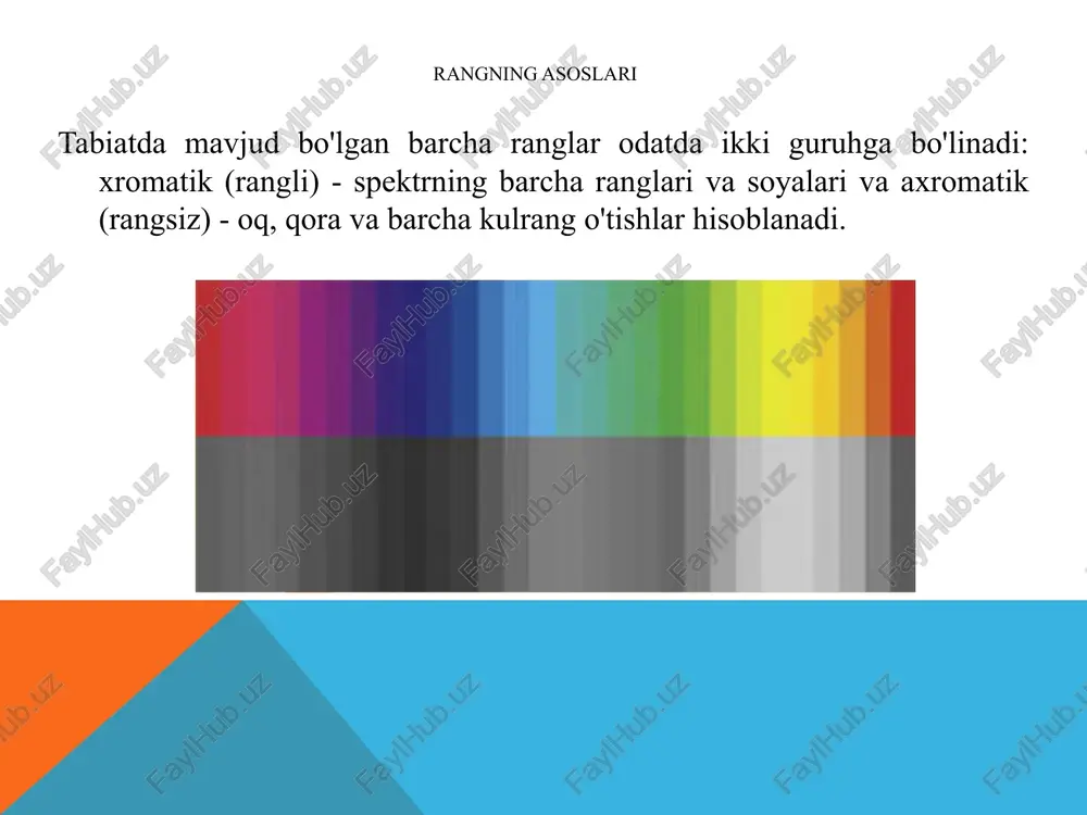 uchun, limonning sariq rangi, apelsin - apelsin va boshqalar. rang oq aralashmasidan to'yinganligini yo'qotadi. rangning to'yinganligi xromatik rang va ochiqlikda unga teng bo'lgan axromatik rang o'rtasidagi farq darajasini tavsiflaydi. qora rangning xususiyati qora barcha ranglarni birlashtiradi. uning fonida barcha ranglar yorqinroq ko'rinadi. kulrang rang xususiyatlari kulrang ranglar rangdan rangga yumshoq o'tishlarni yaratadi. issiq dog` rang yaqinroq ko'rinadi va sovuq dog` rang uzoqroq: rangni idrok etish kolorit-rang rang - bu har xil ranglarning uyg'un kombinatsiyasi, o'zaro bog'liqligi, tonal assotsiatsiyasi. rang - issiq yoki sovuq, yengil yoki qorong'i, tinch, quvonchli yoki qayg'uli va hokazo. rang hissi juda qimmatli sovg'adir. rassomlikdagi yorqin rangga misol qilib issiq oltin-sariq-qizil ranglarda bo'yalgan repin yoki ko'k-ko'k sovuq ranglarda bo'yalgan surikov ishlarini olish mumkin. matisse va gogin ranglarga qarama-qarshi bo'lgan bo'yoqlardan foydalanganlar. uchta asosiy rangni nomlang birlamchi ranglarni aralashtirish natijasida olingan ranglar qanday nomlanadi? kompozit ranglar asosiy va ikkilamchi aralashtirish orqali oraliq ranglarni olish sovuq va issiq ranglarni …