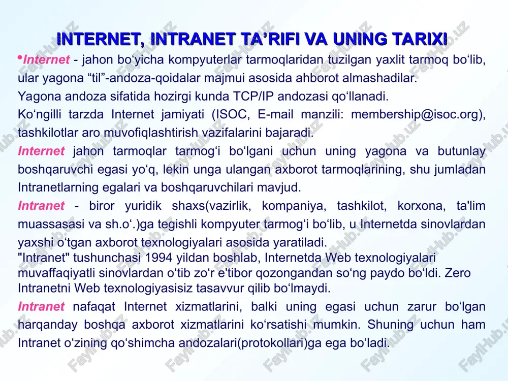 anuvchi axborot tarmog‘ini tanlaganda bu tarmoq internet xizmatlaridan qaysi turlaridan foydalanish imkoniyatini yaratishga qodir ekaniga alohida e’tibor berishi lozim. 1994 yil o‘rtalarigacha keng foydalanuvchilar ommasi tomonidan internetga qiziqish yo‘q edi, chunki unga ulanish va unda ishlash texnologiyasi oddiy foydalanuvchilar uchun qulay emas edi. internetdan yalpi foydalanishda birinchi qadam web texnologiyasining yuzaga kelishi bo‘ldi. web texnologiyasining yaratilishi shaxsiy kompyuter (shk)lar yaratilishiga o‘xshash revolyutsion hodisa deb qaralmoqda. bu texnologiyaning ajoyib tomoni shundaki, ishni kichik sarf-xarajatlardan boshlash mumkin. bunda varaqlovchi dastur (brouzer, navigator) va web - server bo‘lsa kifoya. web -serverni esa tashkilotda bor bo‘lgan kompyuterda qilsa bo‘ladi, va harbir yangi rivojlantirish natijasida salmoqli natijalarga erishish mumkin. shk yaratilguncha ham hisoblash resurslariga bo‘lgan yondoshuv 1-10 mln kishi bo‘lgan bo‘lsa, shk yaratilgandan so‘ng foydalanuvchilar soni 10-50 marta ortgan edi. hozirgi kunda jahon bo‘yicha 100-200 mln. shk ishlab turibdi, lekin 100 mln. yer yuzi aholisidan bor yo‘g‘i 2% tini tashkil etadi. web texnologiya yaratilishi bilan …
