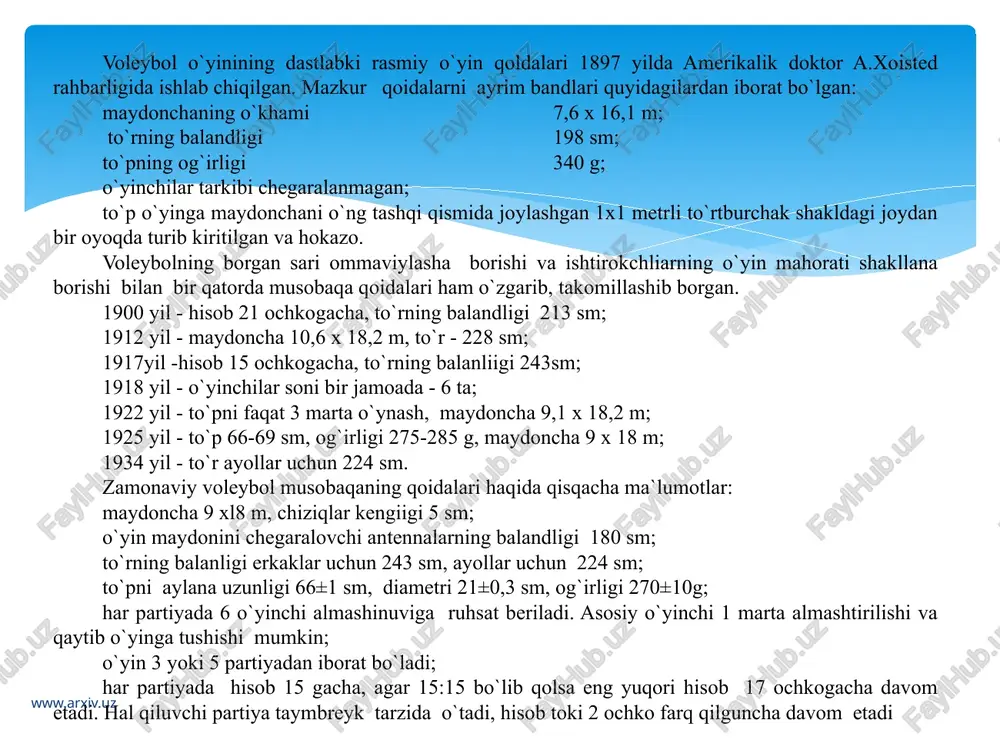 shlari mumkin; to`p kiritish 9 metr (o`rta chiziq kengligida) oralig`ida ijro etilishi mumkin; "libero" o`yinchisi joriy etildi. www.arxiv.uz 2008 yil - to`pni rangi o`zgartirildi (sariq-ko`k); to`siq qo`yuvchilar tomonidan to`rga tegib ketish mumkin" (hujumchi o`yiniga halaqit bermaslik sharti bilan). zamonaviy voleybol maydonchasini olchamlari 9x18 m. to`rni uztmligi 9,5 m, kengligi 1m, kataklari 10x10 sm. maydoncha chiziqlarini kengligi 5 sm, antennasi balandligi 180 sm. o`yin qoidalarini atroflicha talqini maxsus bo`limda yoritiladi. hakamlarining tarbiyaviy ahamiyati. hakamlarning va hakamlik qilishning oliy maqsadi nafaqat musobaqa ishtirokchilarining o`yin qoidasiga amal qilishlarini nazorat qilish, balki aynan shu o`yinchilarni tarbiyalashdan iboratdir. ularda o`yin va munosabat intizomini shakliantirish, hamkorlik, bir-birlarini qo`liab-quvvatlash, o`zaro hurmat, odob va ma`naviy xislat va tuyg`ularni uyg`otish hakamlarning burchidir. albatta hakam musobaqa qoidalariga, umuman voleybolga oid barcha yangilik, so`nggi ma`lumotlardan xabardor bo`lishi darkor. musobaqa nizomini, o`yinlar o`tkaziladigan joylarning shart-sharoitini, meteorologik va moddiy-texnika imkoniyatlarini va hokazo masalalarni bilishi shart. hakamni obro`yi - uni kasbiy malakasida, bilimida va …