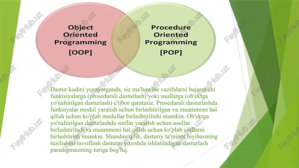oifalardan foydalanilganda dasturiy ta'minotni ishlab chiqish jarayoni haqidagi bilimlarni ifodalaydi. image1.png image2.png ip, 25 object procedure oriented oriented programming programming [oop] [pop] example of procedural programming. eterna th headerfites iat sasaeesin 6 nt ws /7 cei seen <— function prototype summisy <——— main funetion 1° wu seems <——— variable declaration bret soothes, an 7 amuse ans <— user defined function call /docprops/thumbnail.jpeg
