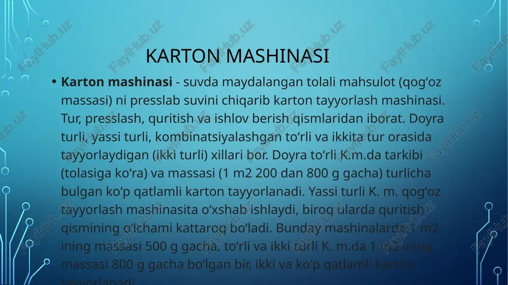 ashf qilinganidan keyin q. ishlab chiqarish surʼati tezlashdi. 17— 18-asr mobaynida gollandiyada yangi tuyish apparati — roll ixtiro qilindi, fransuz ixtirochisi n. l. rober qoʻl bilan uzluksiz aylantirib turiladigan sim toʻrli qogʻoz quyish mashinasini yaratdi. keyinchalik bu sodda mashinaga presslash, quritish, kalandr va rulon qilib oʻrash seksiyalari qoʻshildi. 19-asr 60-yillarida qogʻoz mashinasi deyarli hozirgi qogʻoz mashinasi kabi qismlardan iborat boʻlgan. keyinchalik qogʻoz mashinasining barcha qismlari takomillashtirildi. qogʻoz ishlab chiqarish tezligi oʻnlarcha marta oshi-rildi. latta xom ashyosi oʻrniga yogʻoch sellyulozasi tolalari ishlatiladigan boʻldi. qadimgi roll mashinasi uzluksiz ishlaydigan tuyish appa-ratlariga almashtirildi. sintetik polimer smola va tolalar borgan sari koʻproq ishlatiladigan boʻldi va qogʻoz ishlash texnikasi takomillashtirildi (qarang sellyuloza). qogʻozning 600 dan ortiq turi bor. qogʻoz, asosan, yozish, daftar va kitoblar chiqarish uchun ishlatiladi. koʻpchilik hollarda qogʻoz va karton toʻqimachilik, yogoch ishlash va shisha sanoati mahsu-lotlari bilan raqobatlashmoqda. ular turli metall buyumlari oʻrnini egallamoqda, konstruksion, izolyatsiya-lovchi, qistirma, filtrlovchi, par-dozlovchi va hokazo materiallar …