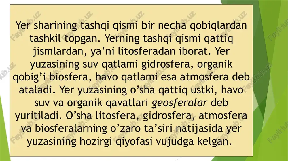 yda harakatsiz turadi, ya’ni yerning boshqa nuqtalari singari aylana hosil qilmaydi. yerdagi hamma narsa – havo ham, kishi ham yer bilan birga bir xil tezlikda aylanganligi sababli odamlar uning aylanishini sezmaydilar. shu tufayli bizga go’yoki osmon jismlari aylanayotgandek tuyuladi. aslida esa osmon jismlari emas, balki yer harakat qiladi. buning oqibatida kecha va kunduz vujudga keladi, ya’ni yerning quyoshga qaragan tomonida kunduz, teskari tomonida esa kechasi bo’ladi. yer sharining sutkalik aylanishi quyidagicha isbotlangan: fuko tajribasi: fransuz fizigi fuko 1851-yili parijdagi eng baland bino – panteonda quyidagicha tajriba o’tkazgan. binoning gumbaziga ingichka uzun (uzunligi 93 metr) sim osib, simning pastki uchiga og’ir mis shar bog’langan va uning tagiga doira yasab qum sepib qo’ygan. so’ngra mayatnik (mis shar) uchini qumga tekizib, harakatga keltirgan. yerning quyosh atrofida to’la bir marta aylanib chiqishi uchun ketgan vaqt yil deb ataladi. bu vaqtni yaxlit 365 kun 6 soat deb hisoblaydilar (bunda har yili 11 minut 14 sekund …