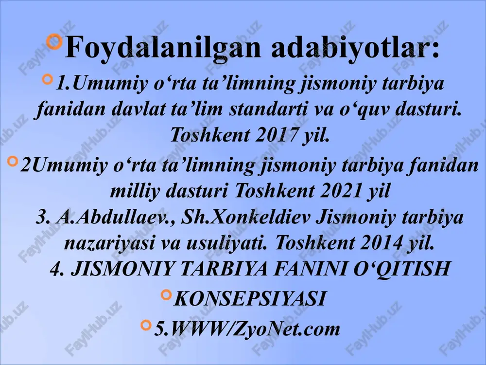choraklarga taqsimlab chiqildi. misol tariqasida 11- sinf mavzuiy rejalashtirish № bo‘limlar nomi soatlar taqsimoti jami nazariy amaliy 1 gimnastika 12 dars jarayonida 12 2 yengil atletika 16 16 3 sport o‘yinlar 22 22 4 futbol 12 12 5 kurash 4 4 6 shaxmat 2 2 7 nazorat ishi uchun alohida soat ajratilmagan bo‘lib, har chorakda 2 marta dars jarayonida olinadi jami 68 68 11– sinf dars soatlarini choraklarga taqsimlash yillik grafigi t/r nomi soat i chorak ii chorak iii chorak ivchorak ix x xi xii i ii iii iv v 1 nazariy blimlar dars jarayonida 2 gimnastika 12 2 8 2 3 yengil atletika 16 8 8 4 sport o’yinlari 22 4 6 8 4 5 futbol 12 6 1 5 6 kurash 4 4 7 shaxmat 2 2 8 nazorat ishi nazorat ishi uchun alohida soat ajratilmagan bo‘lib, har bo’lim yakunida dars jarayonida olinadi. jami oylar kesimida 68 soat …