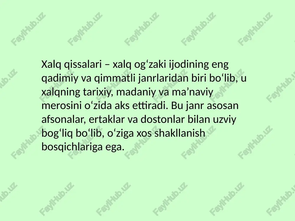 rzi, mehnatlari, urf-odatlari va e’tiqodlari yoritiladi. bu ularning xalq hayotiga yaqinligini ko‘rsatadi. 8. sodiqlik va muhabbat mavzulari ko‘plab xalq qissalari sevgi, sadoqat va oilaviy qadriyatlarni madh etadi. bu qissalar xalqning ma’naviy dunyosini ifoda etadi. 9. qissa uslubining sodda va ta’sirchanligi xalq qissalarida til sodda, ravon va ta’sirchan. bu ularni barcha yoshdagi tinglovchilar uchun tushunarli va qiziqarli qiladi. 10. mavzularning universalligi xalq qissalari mavzulari millat va hudud chegaralarini oshib o‘tgan bo‘lib, ular ko‘p xalqlar adabiyotida uchraydi. masalan, "go‘ro‘g‘li", "alpomish" kabi qissalar turkiy xalqlar uchun umumiy hisoblanadi. xalq qissalari milliy ma’naviyat, madaniyat va adabiyotning rivojida muhim o‘rin tutadi. ular nafaqat badiiy meros sifatida, balki xalqning ijtimoiy hayoti, axloqiy qadriyatlari va tarixiy tajribasini shakllantirishda ham asosiy manba hisoblanadi. quyida xalq qissalarining taraqqiyotdagi asosiy o‘rinlari bayon etiladi. 1. tarixiy xotira va milliy o‘zlikni saqlash xalq qissalari xalqning tarixiy voqealari va qahramonlari haqidagi xotirani asrab-avaylab, keyingi avlodlarga yetkazishda muhim rol o‘ynaydi. ular milliy o‘zlikni shakllantiradi …