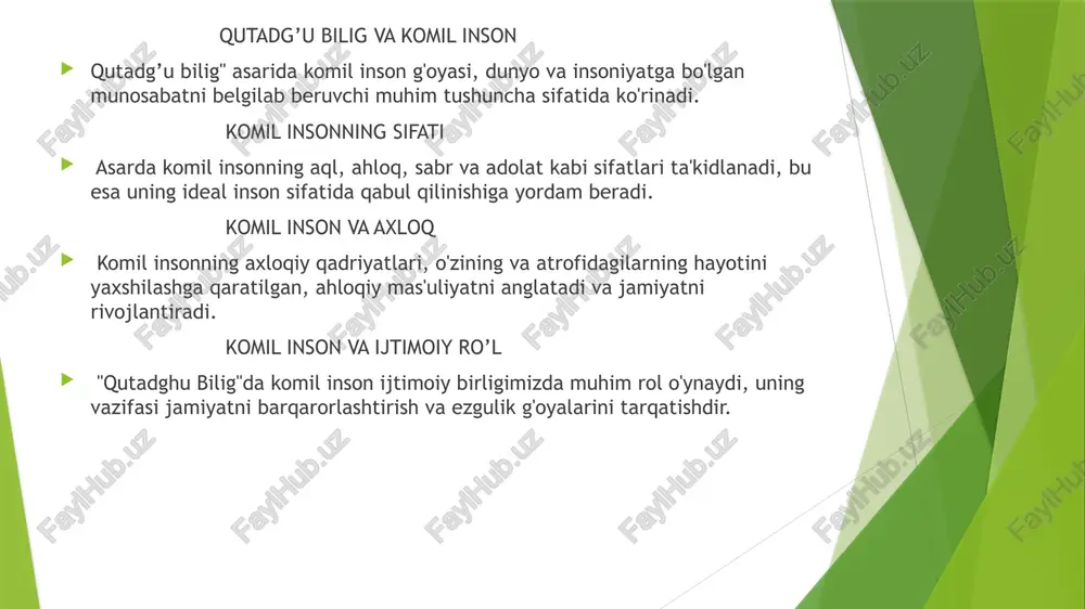 ro yordam qilishdir. komil insonning xususiyatlari jamiyatda axloqiy qadriyatlarni belgilaydi. ularning asosiy xususiyatlari bilimdonlik, axloqiylik va adolatdir. kamroq ishlatiladigan xususiyatlarga sabr-toqat, xotirjamlik va o'z-o'zini nazorat qilish kiradi. bu sifatlar komil insonlar uchun muhim, ammo kamdan-kam uchraydi. xususiyatlar o'rtasida bog'liqlik mavjud: bilimdonlik va axloqiylik bir-birini to'ldiradi, shuningdek, sabr-toqat adolatning amalga oshishiga yordam beradi. "qutadg’u bilig" asarida ideal insonning qiyofasi, adolat, sabr-toqat va donishmandlik kabi axloqiy qadriyatlar bilan ifodalanadi. bu qadriyatlar, jamiyatda muhim o'rin tutadi. - asarda axloqiy qadriyatlar, yaxshi xulq-atvor, halollik va mehr-oqibat orqali namoyon bo'ladi. bu qadriyatlar ideal insonni yetishtirishda asosiy omil hisoblanadi. "qutadg’u bilig"da donishmandlik, insonning axloqiy barqarorligini ta'minlaydi. axloqiy qoidalar, shaxsning o'zini anglashida va jamiyatga xizmat qilishida muhim rol o'ynaydi. ezgulik va axloqiy qadriyatlarning qutadg’u bilig’dagi o'rni. ezgulik tushunchasi "qutadghu bilig" asarida ezgulik, insoniyatning eng muhim maqsadi sifatida ko'rsatiladi, bu esa axloqiy qadriyatlarni rivojlantirishga xizmat qiladi. axloqiy qadriyatlar asarda axloqiy qadriyatlar, adolat, halollik va sabr kabi tushunchalar orqali, …
