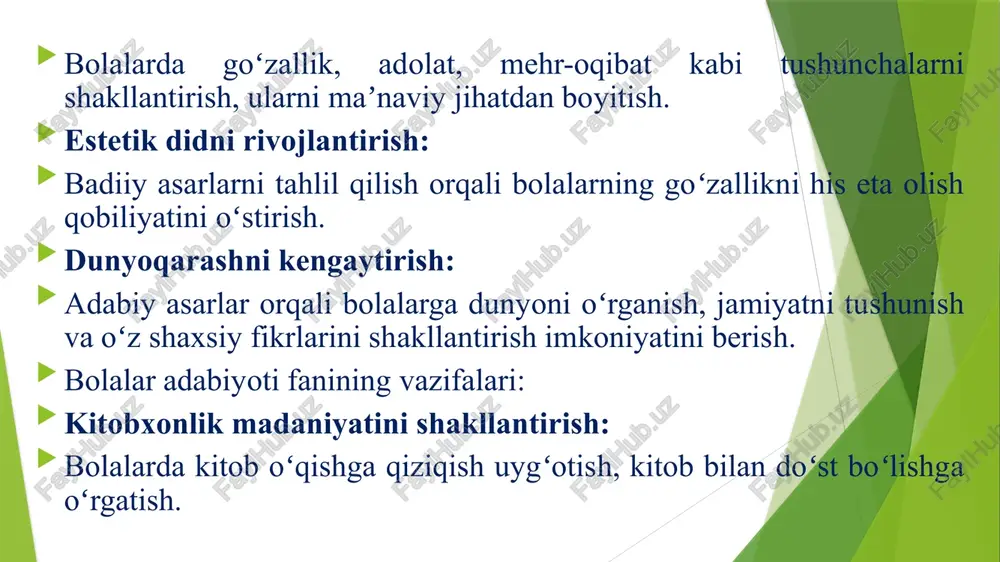 shi insoniy fazilatlar ruhida tarbiyalashga xizmat qilib kelmoqda. bolalar adabiyotining shakllanishi deyarli barcha xalqlarda asosan maʼrifatparvarlik va maktab-maorif tizimi islohotlari bilan chambarchas bogʻliq. oʻzbek bolalar adabiyotining barqarorlashuvi ham 19-asr 2 yarmi – 20-asr boshlaridagi maʼrifatparvarlik harakatiga borib taqaladi. saidrasul aziziy, munavvarqori, abdulla avloniy, hamza hakimzoda niyoziy va boshqa oʻnlab maʼrifatparvarlarning „yangi usul“ („usuli jadidiya“)dagi oʻzbek maktablari talabalari uchun yaratgan ellikka yaqin alifbo va oʻqish kitoblari oʻzbek bolalar adabiyotining tom maʼnodagi yorqin namunalari hisoblanadi. bolalar adabiyotiga bolalar uchun maxsus yaratilgan asarlar sifatida qarash, uning oʻziga xos tamoyillarini belgilash 20-asr boshlariga xosdir. oʻzbek bolalar adabiyoti jahon bolalar adabiyotining ilgor anʼanalari taʼsirida rivojlandi. jahon bolalar adabiyotining nodir namunalari oʻzbek tiliga tarjima qilindi, „gulliverning sayohatlari“ (j. svift), „robinzon kruzo“ (d. defo), „tom togʻaning kulbasi“ (bicher stou), „soʻna“ (e.voynich) kabi jahon adabiyotining nodir asarlari oʻzbek bolalarining ham mulki boʻlib qoldi. sharq adabiyoti eng yaxshi namunalarini arab, fors tilidan tarjima qilish bolalar adabiyoti tarjimachiligidagi bir yoʻnalish …