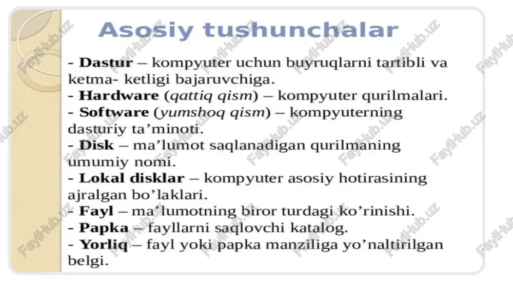 ot lar oilasi ko’p foydalaniluvchi hamda ko’p dasturli bo’lib, tizimli foydalanuvchisi mobil ko’rinishda bo’ladi. uning tarkibiga nowell net ware (nds-katalog xizmati), windows nt (drmenlari), unix (linux) nt kiradi. linux – ko’p foydalaniluvchi, ko’p masalali, erkin tarqatiluvchi, ochiq kodli tizim. yaratilish vaqtida i80 386 protsessorli ibm pc tipidagi mashinalarga mo’ljallangan edi. hozirgi vaqtda bu operatsion tizimning amaldagi versiyalari deyarli hamma tipdagi protsessor va kompyuterlar uchun ishlab chiqildi. linux asosida super kompyuterlar ham yaratilmoqda. mavzu bo‘yicha savollar ot nima? qanday otlarni bilasiz? unix ot guruhiga kiruvchi otlar? monolit ot ? multisathli ot? linux ot haqida ma‘lumot bering. windows ot ? mobil otlar? image1.png image2.png image3.png image4.png image5.png image6.png image7.emf image8.emf image9.png image10.emf image11.emf image12.emf image13.emf image14.emf image15.emf image16.emf image17.emf image18.emf image19.png asosiy tushunchalar ~~ dastur — kompyuter uchun buyruqlarni tartibli va ketma- ketligi bajaruvchiga. ~ - hardware (qattiq qism) — kompyuter qurilmalari. - software (yumshog qism) — kompyuterning dasturiy ta’minoti. - disk …