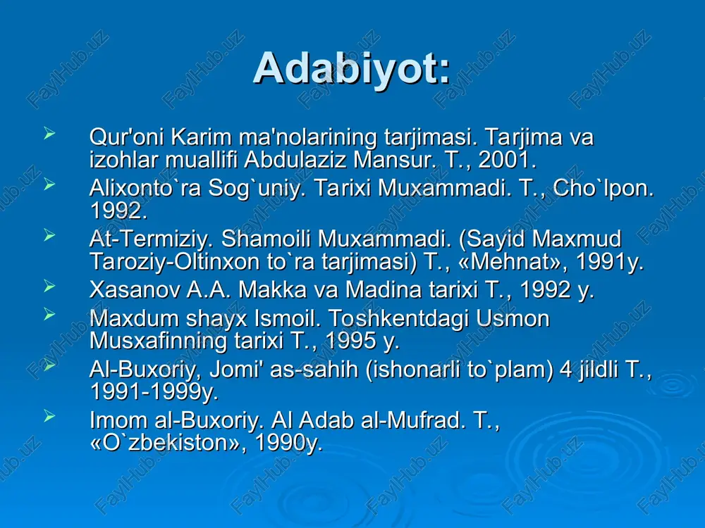 allohga itoat qiladilar, isyon qilishga imkonlari yo`q. «jabroil – payg`ambarimizga alloh vahiysini etkazib turgan, azroil esa insonlarni jonini olish buyurilgan, mikoil-rizq ulashuvchi, isrofil-qiyomat boshlanganidan darak berib, sur chalguvchi farishtadir» (islom ma'rifati. t. 2005 67 bet). payg`ambarlar islom dinida payg`ambarlarga imon keltirish buyurilgan. «payg`ambar» so`zi fors tilidan «payg`om (xabar)» va «baridan (tashuvchi)» so`zlarining birikmasidir. islomiy e'tiqodga ko`ra payg`ambarlik allohning bandalariga bergan eng buyuk lutfidir. insonlik darajasining eng yuksak cho`qqisidir islom dini aqidalarida aytilishicha 124 ming payg`ambar yashab o`tgan. shulardan 25 tasining nomi qur'oni karimda keltirilgan. payg`ambarlar rasul - elchi va nabiy - xabar beruvchilarga bo`linadi. shulardan 313 tasi rahmatilla qori obidov keltirishicha rasul payg`ambarlar bo`lib, qolganlari nabiylardir muqaddasligiga shak-shubha bo`lmagan kitoblar odam (a.s) ga 10 ta, idris (a.s) ga 30 ta, ibrohim (a.s) ga 10 ta shis (a.s)ga 50 sahifalik kitob jami 100 sahifa hamda musoga tavrot, dovudga zabur, isoga injil, muxammad (s.a.v.) ga qur'on kitoblari nozil qilingan. oxirat islom dinida …