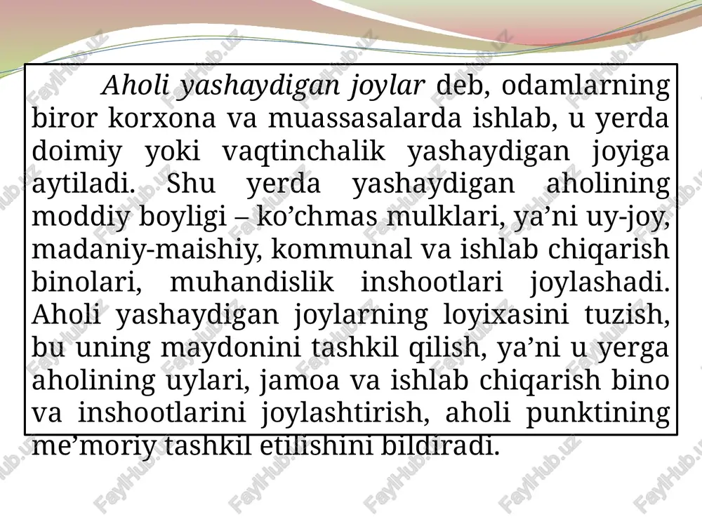 ional hudud deb, biror maqsad uchun foydalaniladigan aholi punktining bir qismiga aytiladi. funktsional hududlar bir joyda yoki aloxida-aloxida maydonlarda joylashishi mumkin. 2.2. aholi yashash joylarining turlari va shakllari aholi yashaydigan hududda, aholining tomorqalari, uylari va xo’jalik shirkatlari, madaniy-maishiy, kommunal korxonalari, ko’chalar, maydonlar, bog’lar, istiroxat bog’lari, xiyobonlar, sport inshootlari va boshqalar joylashadi. ishlab chiqarish hududini, xo’jalikdagi mashina-traktor parki, oziq-ovqat saqlaydigan, paxta tozalaydigan, saqlaydgan, ipak qurtini boqadigan xovlilar, qoramol, qo’y, yilqi, parrandalar va boshqa fermalar, qishloq xo’jalik maxsulotlarini qayta ishlaydigan korxonalari tashkil qiladi. ular aholi yashaydigagn hududdan 50-1500 m uzoqlikda, suv oqimi, shamol yo’nalishi, relefning quyi tomonida joylashadi. sanitariya-himoya hududi, aholi yashaydigan hududni, ishlab chiqarish hududi va serqatnov yo’llar tomonidan chiqadigan zararli gazlar, noxush xidlar, chang va mashinalar tovushlaridan himoya qiladi va ular oralig’ida joylashadi. tashqi hududga, ichimlik suvlari inshootlari joylashgan, chiqindi suvlar, axlat tashlaydigan joylar, qabristonlar va xokazolar kiradi. tashqi hudud aholi yashaydigan hududdan kamida 0,5-1,5 km uzoqlikda, suv oqimining va …