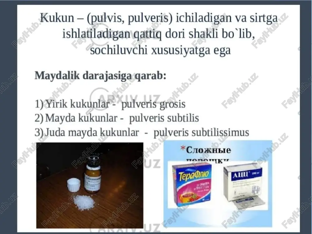 hun va tishlarni davolashda qo'llanadi, ular ofitsinal va magistral turlarga bo'linadi. magistral pastalarga kengaytirilgan shaklda retsept yoziladi: dori moddalarning soni, indifferent va malham asoslarining miqdori ko'rsatiladi: rp: anaesthesini 2,5 zinci oxydi 20,0 vaselini ad 50,0 m .f. pasta d. s. terining jarohatlangan qismiga surtish uchun. ofitsinal pastalarni yozishda retsept dori shaklining nomidan boshlanadi, so'ngra dori moddaning nomi yoziladi, pastaning mikdori ko'rsatiladi (kontsentratsiyasi odatda ko'rsatilmaydi): rp: pastae zinci 20,0 d. s. terining jarohatlangan qismiga surtish uchun. vipisat 20,0 5% ofitsinalnoy mazi (krema) atsiklovir (acyclovir). namazivat na porajyonnie uchastki. rp: sreame acyclovir 5% - 20,0 d.s. namazivat na porajyonnie uchastki. vipisat 40,0 2% mazi (gelya) troksevazin (troxevasin). nanosit na koju nijnix konechnostey pri poverxnostnom tromboflebite. rp: gel “troxevasin” 2% - 40,0 d.s. nanosit na koju nijnix konechnostey pri poverxnostnom tromboflebite. krem (creame), gel (gel) shamchalar (suppositorium) dozalangan dori shakli, tana haroratida eriydi. shamchalar to'g'ri ichak (per rectum), qin (per vaginum) bo'shlig'iga qo'yish …