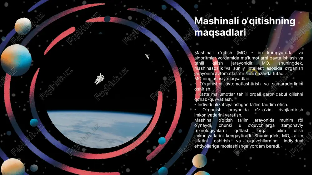 h — bu mashinalar uchun o‘qitish usuli bo‘lib, unda model ma'lum maqsadlar asosida etiketlangan ma'lumotlar yordamida o‘rganadi. misol uchun, tasniflash vazifasida, modelga suratlar berilib, ularning toifasi ko‘rsatiladi. natijada, model yangi suratlarni toifalashda yordam beradi. nazoratsiz o‘qitish, o‘rganish jarayonida ma'lumotlar etiketlanmagan holda ishlaydi. bu usulning afzalliklari — ko‘p ma'lumotlardan foydalanish imkoniyati va yangi naqshlarni topish qobiliyatidir. biroq, kamchiliklari orasida, o‘rganish jarayoni noaniq va maqsadsiz bo‘lishi mumkin. yarim nazoratli o‘qitish, nazoratli va nazoratsiz o‘qitish usullarining birikmasidir. bu usul, asosan, etiketlangan va etiketlanmagan ma'lumotlar kombinatsiyasini o‘rganishda qo‘llaniladi. ushbu usul, ko‘pincha, ma'lumotlar etiketlanmagan bo‘lganda, lekin ba'zi ma'lumotlar mavjud bo‘lganda qo‘llaniladi. 01 02 03 mashinali o‘qitishning kelajagi mashinali o‘qitish sohasining rivojlanishi texnologik va ilmiy yutuqlar bilan bog‘liq. ushbu jarayon davomida algoritmlar va modellar ishlab chiqilishi, ma'lumotlarning ko‘payishi va hisoblash quvvati oshishi muhim ahamiyatga ega. mashinani o‘qitish, sun'iy intellekt bilan birgalikda, zamonaviy biznes va ijtimoiy tizimlar uchun yangi imkoniyatlar yaratmoqda. raqamli transformatsiya jarayonida mashinani o‘qitishning roli …