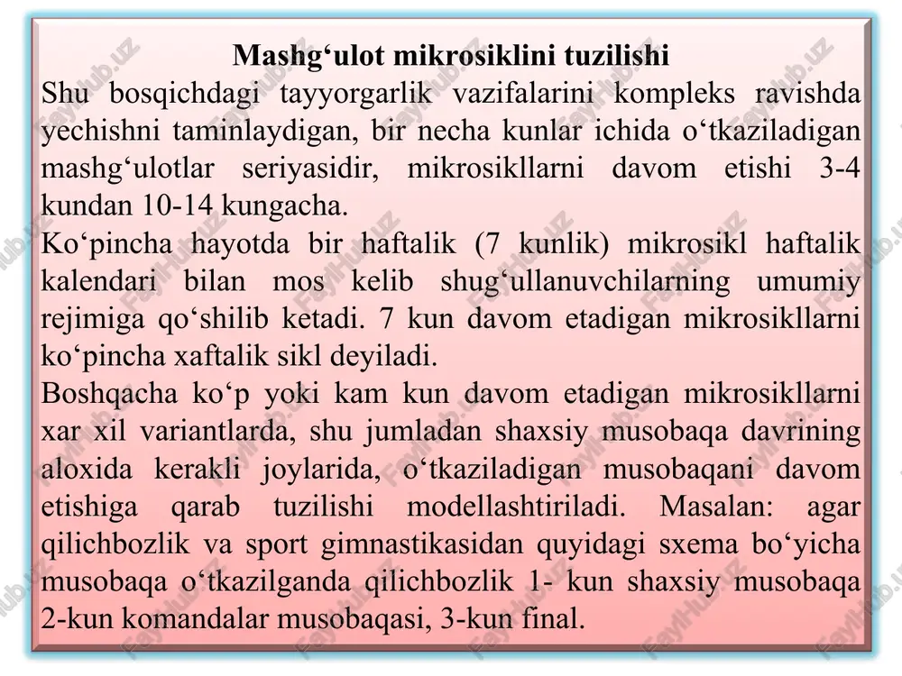 mnastik mashqlar gimnastik mashqlar seshanba tezkorlik tezkorlik chorshanba tezkor-chidamlik tezkor-chidamlik payshanba dam olish dam olish juma dam olish gimnastika shanba texnika musobaqa yakshanba texnika musobaqa bu maqsadda polsha xotin-qizlar sprinterlarini mikrosikl variantiga nazar tashlang. (ganse materiali). mikrosikllar tuzilishini aniqlovchi shart sharoitlarga quyidagilar kiradi. 1.sportchilar hayotidagi umumiy rejim (o‘qish va mehnat qilish faoliyatidagi) va unga bog‘liq bo‘lgan ishchanlik dinamikasi. 2.mikrosikldagi yuklamani umumiy kattaligi mashg‘ulotlar soni va mazmuni. bu omillarni ta’sir ko‘rsatishi sport mutaxassisligi hamda tayyorgarlik darajasi bilan belgilanadi. masalan: mashg‘ulotlarning mazmuni, ularning mikrosikldagi soni, yuklamaning xajmi, xar bir sport turida yengil atletikachilarda, gimnastlarda, suzuvchilarda, kurashchilarda, bokschilar va x.k.da har xil bo‘ladi. bundan tashqari boshlovchi sportchilar va yuqori razryadli sportchilar mashg‘uloti jarayonida xam shunday farqni ko‘rish mumkin. mikrosikllarning turlari va ularning alohida xususiyatlari. sport mashg‘uloti jarayonida quyidagi mikrosikl turi aniqlanadi; - tortuvchi - zarbali - yaqinlashtiruvchi - musobaqa - qayta tiklovchi a) tortuvchi mikrosikllar:- katta bo‘lmagan hajmdagi yuklamalardan tuzilib, sportchi organizmini shiddatli …