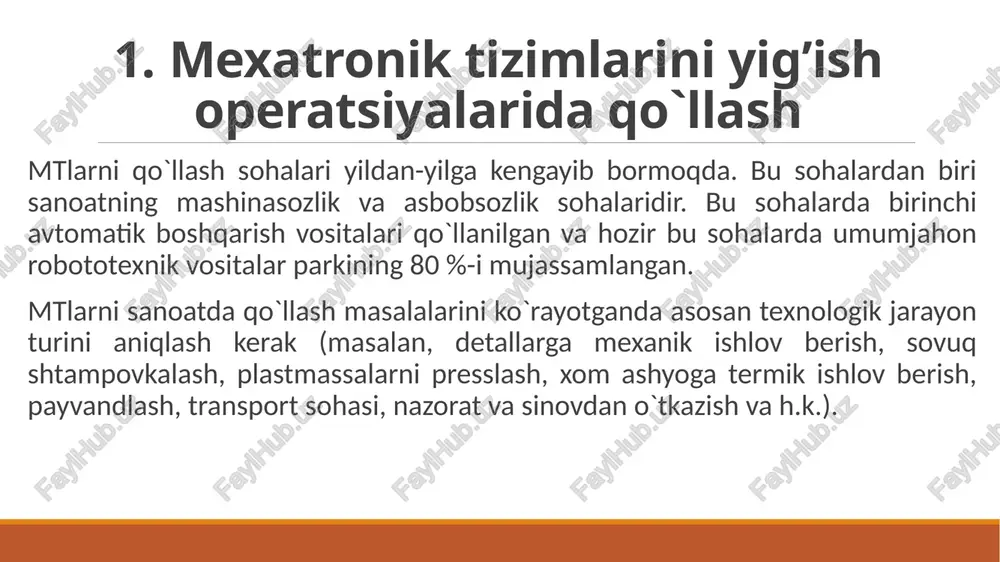 irilgan holda detallarni aniq pozitsiyaga joylashtirish; yig’ish operatsiyasi, ya`ni detallarni bir-biriga bog’lagan va kerak bo`lganda mahkamlagan holda yig’ish; yig’ish davrida o`lchov-nazorat ishlari; yig’ilgan uzellarni yig’ish joyidan boshqa operatsiyalarni amalga oshiruvchi joyga yuborish. 1. mexatronik tizimlarini yig’ish operatsiyalarida qo`llash 4.4-rasmda universal sr asosida qurilgan yig’uvchi robototexnik komplekslarga misol ko`rsatilgan. kompleks quyidagilarni o`z ichida oladi: ko`taruvchi rama; aylanuvchi stol; yuklovchi va yo`naltiruvchi qurilmalar; mahkamlash vositalari; kabel uzellar; kompleksni boshqarish qurilmasi; muvofiqlashtirish bloklari va ehm bilan bog’lanish qurilmasi. bu kompleksda mp-9s tipidagi universal pnevmatik sr qo`llanilgan. kompleks radiopriyomniklar kontur katushkalrini yig’ish uchun mo`ljallangan. 1. mexatronik tizimlarini yig’ish operatsiyalarida qo`llash u quyidagi operatsiyalarni bajaradi: kassetadan katushka karkaslarini olish; o`ram (chulg’am)lar chiqish joyini flyuslash; chiqish joylarini kavsharlash; chiqish joylarini yuvish; karkaslarni aylanuvchi stol maxsus joylariga joylashtirish; karkasga xalqa kiydirish; serdechnikni aylantirib o`rnatish; ekranni kiydirish; katushkani markirovkalash; kassetaga tayyor kontur katushkani joylashtirish. 1. mexatronik tizimlarini yig’ish operatsiyalarida qo`llash 4.4-rasm. radiopriyomniklar kontur katushkalrini yig’ish uchun robototexnik kompleks …