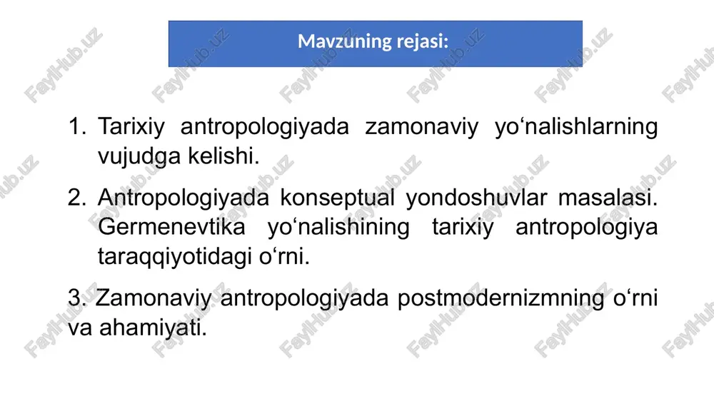 oliy amerikadagi turli muammolarni paydo qilgan ko‘p sonli diasporalar, emigrantlar va qochoqlar (migrantlar) rivojlangan davlatlarning etnik tarkibini jiddiy o‘zgartirib, mahalliy avtoxton etnoslar orasidagi kamsonli etnik jamoalar sifatida mustahkam mavqe topishiga olib keldi. bu holat esa yevropa ittifoqida qator yangi millatlaro muammolarning paydo bo‘lishiga sabab bo‘lmoqda. natijada ayrim yevropa mamlakatlarida so‘nggi o‘n yillar davomida izchil amal qilib kelingan multikulturalizm siyosati tanqid ostiga olinmoqda. zamonaviy tarixiy antropologiya fani “postmodernizm” falsafasiga asoslangan bo‘lib, bunda asosiy e’tibor ijtimoiy guruhlar orasidagi jarayonlarga qaratilmoqda. shuningdek, fanda lokal va global jarayonlarni o‘rganishda tadqiqotchilar tomonidan tanqidiy tanlanish, ya’ni jamiyat hayotidagi barcha jarayonlarni emas, balki etnos va turli tuman madaniyatlarning o‘ziga xos xususiyatlaridan kelib chiqqan holda eng muhim deb hisoblangan ko‘rinishlar bo‘yicha tadqiqotlar olib borilmoqda. boshqacha aytganda, so‘nggi yillarda bajarilayotgan tadqiqotlarda asosiy e’tibor insoniyatning rivojlanish bosiqichlari, ya’ni paydo bo‘lganidan to hozirgi kunga qadar bo‘lgan tarixiy davrning global miqyosdagi tavsifi emas, balki muammoviy tanlanish asosidagi tadqiqotlarga ko‘proq e’tibor berilmoqda. demak, …