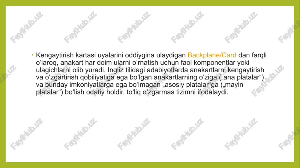 a xuddi shu tamoyilga amal qildi. ikkala kompaniya ham modulli printsipga qoʻshimcha ravishda ochiq arxitektura printsipi, elektron diagrammalarni nashr etish, dasturlash interfeyslari va kengaytirish platalarini yaratishga imkon beradigan boshqa hujjatlarni, soʻngra muqobil anakartlarni (masalan, boʻlsa) ishlatgan. ibm pc-mos keluvchi mashinalar, apple anakartlari patentlangan[1]) uchinchi shaxslarga. odatda yangi, namunaga mos keladigan kompyuterlarni yaratish uchun moʻljallangan koʻplab anakartlar qoʻshimcha ishlash yoki boshqa xususiyatlarni taklif qildi va ishlab chiqaruvchining asl uskunasini yangilash uchun ishlatilgan. 1980-yillarning oxiri va 1990-yillarning boshlarida koʻplab periferik funksiyalarni anakartga oʻtkazish iqtisodiy jihatdan maqsadga muvofiq boʻldi. 1980-yillarning oxirida shaxsiy kompyuterlar uchun anakartlar past tezlikda ishlaydigan atrof-muhit birliklari toʻplamini qoʻllab-quvvatlashga qodir boʻlgan yagona ic-larni (shuningdek, super i/u chiplari deb ataladi) oʻz ichiga ola boshladi: klaviaturalar] , sichqoncha, disk haydovchi va floppi, ketma-ket va parallel portlar. 1990-yillarning oxiriga kelib, koʻpgina shaxsiy kompyuterlar anakartlari yuqori sifatli videokartalar dan boshqa qoʻshimcha kartalarga muhtoj boʻlmasdan oʻrnatilgan isteʼmolchi darajasidagi audio, video, xotira va tarmoq funksiyalarini oʻz …
