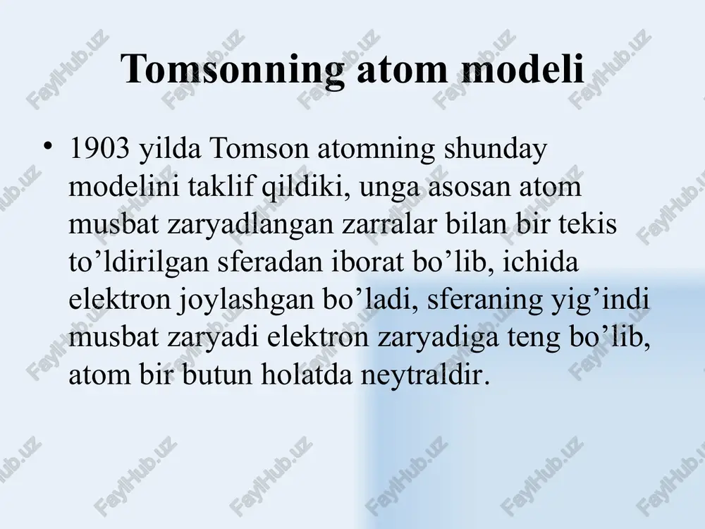 pfund seriyasi (infraqizil nurlanish) n=6 – xemfri seriyasi (infraqizil nurlanish) 19 bor postulatlari. borning 1 - postulati (statsionar holatlar postulati): statsionar holatlarda atom energiyani nurlatmaydi. borning 2 - postulati (chastotalar qoidasi): atom bir holatdan ikkinchisiga o'tganda quyidagi energiyali bitta foton chiqaradi yoki yutadi. tegishli statsionar holatlar energiyalari farqi 20 borning 3 - postulati (orbitalarni kvantlanish qoidasi): atomning statsionar holatlarida, doiraviy orbitalarda elektron harakatlanib, impuls momentining kvantlangan qiymatlariga ga bo'ladi. elektronning n – statsionar orbitasi radiusi. borning birinchi radiusi 21 1- va n- statsionar orbitalardagi elektronning harakt tezligi vodorod atomi tizimida elektronning to'la energiyasi vodorod atomining minimal energiyasi 22 kvant sonlar xususiy fkunktsiyalar n – bosh, 𝑙 – orbital va m – magnit kvant sonlari bilan aniqlanadi. n - bosh kvant soni atomdagi elektronning energetik sathlarini belgilaydi: n = 1,2,3,... 𝑙 – orbital kvant soni berilgan n da quyidagi qiymatlarni qabul qiladi: 𝑙 = 0,1,2,...,(n-1) va atomdagi elektronning impuls momentini aniqlaydi …