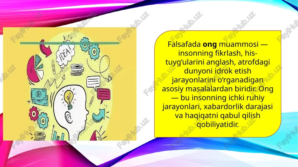 ing o‘zaro bog‘liq jarayoni sifatida tushuniladi. zamonaviy falsafa, psixologiya va neyropsixologiya ongning tabiati va ishlash mexanizmlarini chuqurroq anglashga intilmoqda. natijada, ong muammosi nafaqat falsafaning, balki butun inson bilimining eng murakkab va muhim sohalaridan biri bo‘lib qolmoqda. adabiyotlar: abdug‘afforov, s. falsafa asoslari. toshkent, 2018. qodirov, a. ong va uning mohiyati. toshkent, 2015. islomov, sh. inson va ong. toshkent, 2016. falsafa va mantiq fanlari bo‘yicha darsliklar — o‘zbekiston oliy ta’lim muassasalarida darslik sifatida foydalaniladi. o‘zbekistonda falsafa (tahrirchi: t. axmedov) nasriddinov, r. falsafa tarixi va asoslari. toshkent, 2019. e`tiboringiz uchun tashakkur! image2.png image3.png image4.png image5.png image6.png image7.png image8.png image9.png image1.png «uch narsa halok qiluvchidir: itoat qilinadigan baxillik, ergashiladigan havoi-nafs va kishi o'z nafsi bilan faxrlanishi» psixik jarayonlar psixik jarayonlar - insonning aql-idrokli, hissiy va irodaviy faoliyatini ifodalovchi dinamik va uzluksiz jarayonlardir. ular insonning butun hayot faoliyatida namoyon bo'ladi va uning shaxs sifatida shakllanishida muhim rol o'ynaydi. ma’ruzachi: f.i.sh /docprops/thumbnail.jpeg —_— mavz falsafada ong …