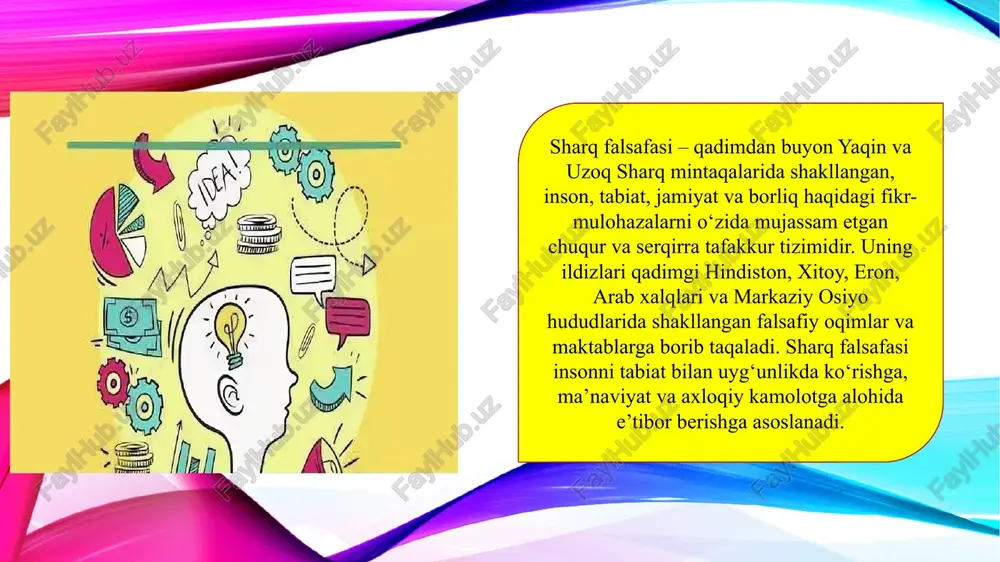 niqsa, ibn sino va al-farobiyning asarlari g‘arb falsafasida aristotelga qaytish jarayonida muhim o‘rin egalladi. g‘arb olimlari ularning tibbiy, mantiqiy va metafizik qarashlaridan ilhom oldilar. zamonaviy davrda globallashuv, texnologik taraqqiyot va ma’naviy inqiroz fonida sharq falsafasi insoniyat uchun muhim ruhiy manba bo‘lib qolmoqda. ayniqsa, inson va tabiat, jamiyat va axloq, ichki dunyo bilan uyg‘unlik kabi masalalarda sharq tafakkurining chuqur va ma’naviy yondashuvlari zamonaviy muammolarga muqobil yechimlar taklif qiladi. xulosa sharq falsafasining asosiy taraqqiyoti ko‘p asrlik tajriba va tafakkur mahsuli bo‘lib, u bugungi kunda ham o‘z dolzarbligini saqlab qolmoqda. insonning ichki dunyosiga, ruhiy kamolotga, axloq va ezgulikka yo‘naltirilgan bu falsafa — nafaqat sharq xalqlari, balki butun insoniyat uchun bebaho ma’naviy merosdir. sharq falsafasi — bu o‘tmishdan kelajak sari yo‘naltirilgan, chuqur, hayotga yaqin va barhayot tafakkur tizimidir. adabiyotlar: abdug‘afforov, s. falsafa asoslari. toshkent, 2018. qodirov, a. ong va uning mohiyati. toshkent, 2015. islomov, sh. inson va ong. toshkent, 2016. falsafa va mantiq fanlari …