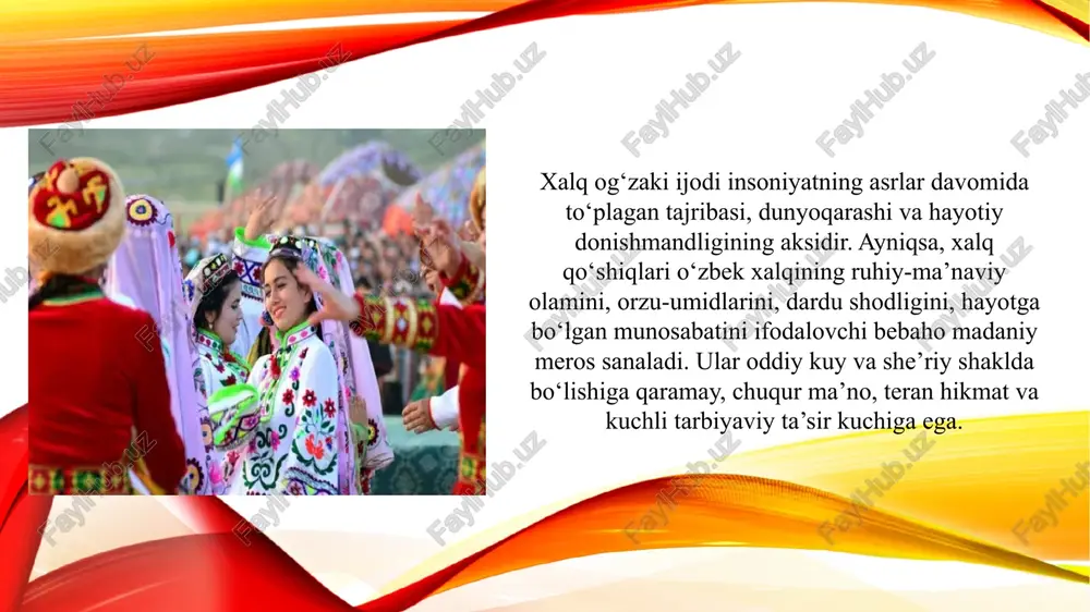 oqiy jihatdan boy, estetik didi rivojlangan bo‘ladi. ayniqsa, musiqa darslarida, sinfdan tashqari mashg‘ulotlarda, ota-onalar ishtirokidagi tadbirlarda xalq qo‘shiqlarini o‘rganish va kuylash bolalarda ijobiy tarbiyaviy muhit yaratadi. madaniyatni asrash va targ‘ib qilishda xalq qo‘shiqlari xalq qo‘shiqlari madaniy merosning ajralmas qismi sifatida davlat miqyosidagi dasturlar, madaniyat va san’at muassasalari orqali ham keng targ‘ib qilinmoqda. o‘zbekistonda har yili o‘tkaziladigan folklor festivallari, “yosh ijodkorlar” tanlovlari, “milliy qo‘shiqlar kechasi” kabi tadbirlar bu borada muhim ahamiyatga ega. bundan tashqari, yosh xonandalar, san’at maktablari va bolalar ansambllari repertuarida xalq qo‘shiqlarining bo‘lishi, ularni zamonaviy ishlovda, lekin asl mohiyatini saqlab ijro etilishi — yosh avlodni ma’naviy boy qilishga xizmat qiladi. xulosa xalq qo‘shiqlari — bu xalqning ko‘ngil mulkidir. ular nafaqat badiiy-estetik go‘zallikka ega, balki chuqur tarbiyaviy mazmun bilan boyitilgan bebaho madaniy merosdir. har bir xalq qo‘shig‘ida millatning ruhiy olami, orzu-umidlari, axloqiy qarashlari va ijtimoiy qadriyatlari mujassam. bu qo‘shiqlar yosh avlodni mehr-oqibat, mehnatsevarlik, vatanparvarlik, insoniylik kabi yuksak fazilatlar ruhida tarbiyalaydi. …