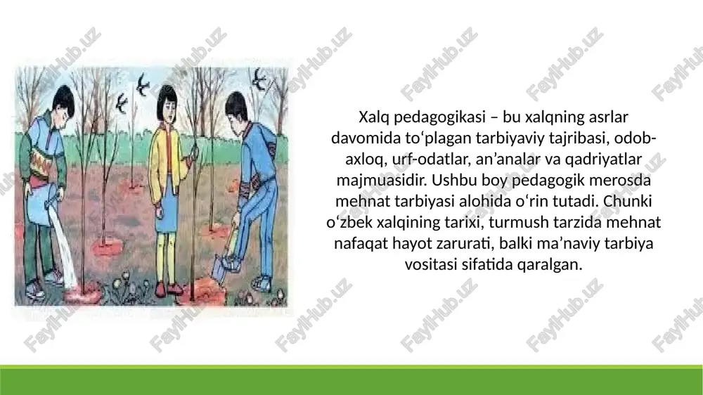 ari. – toshkent: o‘zbekiston, 2005. mirziyoyev sh. o‘zbekiston ta’lim tizimida milliy qadriyatlarni rivojlantirish // “ta’lim va tarbiya” jurnali, 2018, №3. raxmonov b. mehnat tarbiyasi va uning pedagogik ahamiyati. – toshkent, 2010. sultonov a. o‘zbek xalq og‘zaki ijodi va tarbiyasi. – toshkent, 2012. ergashev i. xalq pedagogikasi va zamonaviy ta’lim // “pedagogika va jamiyat” ilmiy jurnali, 2019, №4. tolipov j. oila va mehnat tarbiyasi. – toshkent, 2008. e`tiboringiz uchun tashakkur! image1.png image2.png image3.png image4.png image5.png image6.png image7.png /docprops/thumbnail.jpeg mavzu: xalq pedagogikasida mehnat tarbiyast