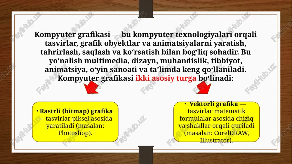 ning murakkabligi. turli dasturlash tillari (c, delphi, pascal va h.) ni bilish talab etiladi; – natijani oldindan baholashning qiyinligi. qo’llanish sohasi: – ko’ngilochar dastur va video o’yinlar yaratishda (oddiy va murakkab teksturalar, turli landshaft va fonlarni yaratishda); – kino va video industriyada (noananaviy hodisa va jarayonlarni hosil qilishda, fantastik syujetlar yaratishda). vektorli grafika vektor grafikasida tasvir vektor deb nomlanuvchi chiziqlar asosida qurilib, ularga turli parametrlar – rang, chiziq qalinligi va joylashuvi (vaziyati) xususiyatlari beriladi. vektor grafikasida primitivlar deb nomlanuvchi ob’ektlar bilan ishlanadi. primitivlarga ikki va uch o’lchamli oddiy geometrik figuralar kiradi. ikki o’lchamli geometrik figuralarga – nuqta, to’g’ri chiziq, egri chiziq, aylana, ko’pburchak kabi tekis shakllar kirsa, uch o’lchamli geometrik figuralarga – kub, prizma, piramida, sfera, konus, tsilindr kabi jismlar kiradi. ushbu oddiy geometrik figuralar asosida murakkab bo’lgan geometrik figuralar – ob’ektlar yaratiladi. vektor grafikasi aniq va tiniq tasvirlar yaratishga imkon beradi. tasvirlar masshtablashtirilganda ularning sifati saqlanib qoladi. shuning uchun …