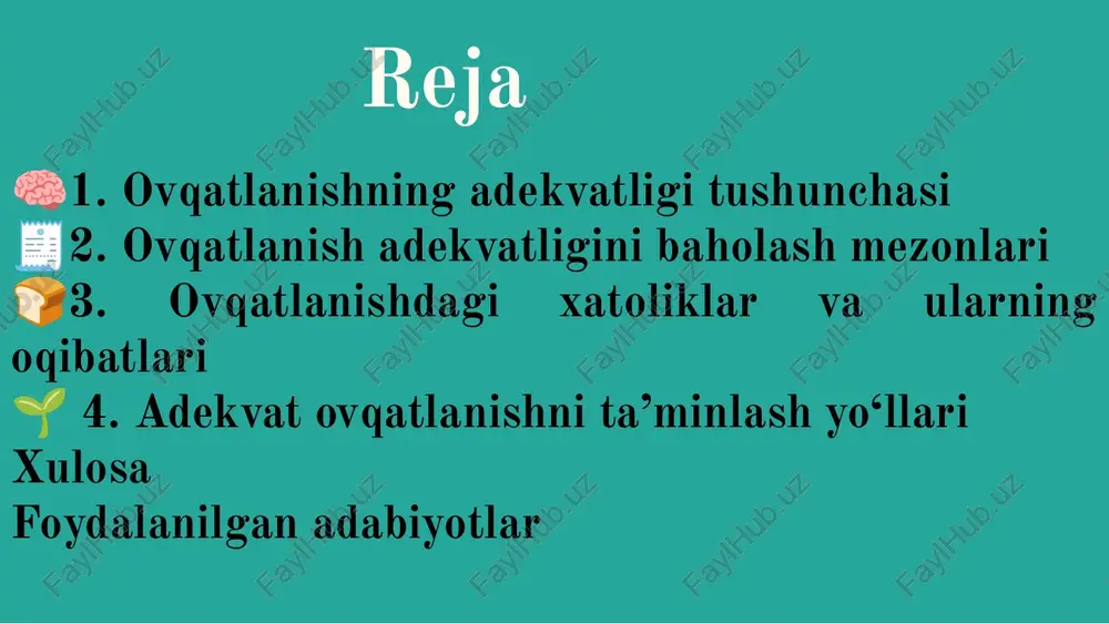 vqatlanish — bu inson organizmining barcha fiziologik ehtiyojlarini to‘liq qondiruvchi, miqdor va sifat jihatdan muvozanatlangan ovqatlanishdir. to‘g‘ri ovqatlanish inson salomatligi, ish qobiliyati va umr davomiyligini belgilovchi eng muhim omillardan biridir. noto‘g‘ri yoki bir tomonlama ovqatlanish turli kasalliklar, semirish, immunitet pasayishi va erta qarishga olib keladi. shuning uchun har bir inson ovqatlanish madaniyatini shakllantirishi, ratsionni sog‘lomlashtirishi va faol hayot tarzini yo‘lga qo‘yishi zarur. 1. o‘zbekiston respublikasi sog‘liqni saqlash vazirligi. “sog‘lom ovqatlanish bo‘yicha tavsiyalar”, toshkent, 2022 yil. 2. to‘xtayeva m., jo‘rayev a. “gigiyena va ovqatlanish asoslari”, toshkent: tibbiyot nashriyoti, 2020 yil. 3. nazarova n. “ovqatlanish fiziologiyasi”, toshkent: fan va texnologiya, 2019 yil. 4. jahon sog‘liqni saqlash tashkiloti (jsst). “healthy diet – world health organization guidelines”, geneva, 2021. foydalanilgan adabiyotlar savollar gruppaga 1️⃣ savol: adekvat ovqatlanish nima? 2️⃣ savol: ovqatlanishning asosiy maqsadi nima? 3️⃣ savol: ovqatlanishdagi asosiy oziq moddalarga nimalar kiradi? 4️⃣ savol: adekvat ovqatlanishni qanday baholash mumkin? 5️⃣ savol: noto‘g‘ri ovqatlanish qanday …