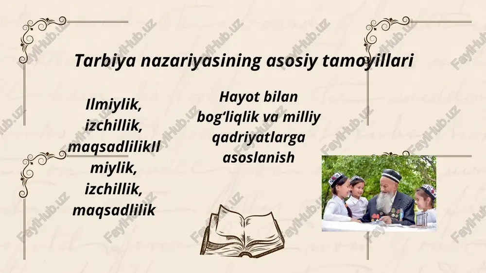 l qiladi. shu sababli tarbiyachi doimo o‘rnak bo‘lishi kerak. ijtimoiy faoliyat orqali tarbiya jamoa ishlarida ishtirok etish tarbiyaviy ahamiyatga ega. bolalar hamkorlikni o‘rganadilar. amaliy faoliyat orqali tajriba orttiradilar. bu ularni ijtimoiy hayotga tayyorlaydi. tarbiya vositalari kitob va san’at asarlari muhim tarbiya vositalaridir. oav ham tarbiyaviy ta’sir ko‘rsatadi. o‘yin va mashg‘ulotlar ham tarbiyaga xizmat qiladi. texnologiyadan to‘g‘ri foydalanish natijani kuchaytiradi. tarbiya turlari tarbiya turli yo‘nalishlarda olib boriladi. har bir yo‘nalish shaxs rivojiga xizmat qiladi. ularning barchasi bir-birini to‘ldiradi. tarbiya turlarining uyg‘unligi muhimdir. aqliy tarbiya aqliy tarbiya bilimlarni kengaytiradi. tafakkurni rivojlantiradi. mustaqil fikrlashga o‘rgatadi. o‘quvchining ilmiy dunyoqarashini shakllantiradi. axloqiy tarbiya axloqiy tarbiya odobni rivojlantiradi. halollik va mas’uliyatni mustahkamlaydi. vatanparvarlik hissini uyg‘otadi. jamiyatda to‘g‘ri munosabatlarni shakllantiradi. estetik tarbiya estetik tarbiya go‘zallikni his qilishni o‘rgatadi. san’at va madaniyatga mehr uyg‘otadi. insonning estetik didini rivojlantiradi. bu tarbiya ruhiy boylikni oshiradi. tarbiyaning shaxs rivojidagi o‘rni tarbiya va shaxs tarbiya shaxs rivojining bosh omilidir. u insonni har …