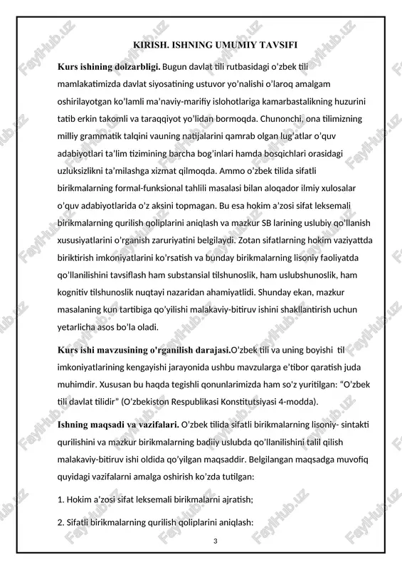 soniy-sintaktik qutilishini belgilashda structural metodga tayanildi. mazkur sb larining lisoniy sintaktik qurilishini belgilovchi sintaktik qplolar paradigmasi aniqlanadi va shu qoliplar pardigmasi sb lsq larining o’zaro paradigmatik munosabatini o’rganish hamda sb lsq lari paradigmalarini chegaralash muammosini hal qilishga yordam beradi. shu bilan birga, sifatli birikmalarning uslubiy qo’llanish imkoniyatlarini aniqlash, adabiy til va uslubiy me’yotlarning o’zaro aloqadorligi hamda uslubiy me’yordan chekinish va me’yoriy muvofiqlik orasidagi ziddiyat masalalarining yechimlarini topishda uslubshunoslik sohasiga samarali hissa qo’shadi. aytish joizki, mazkur ishning natijalaridan oily ta’limda ham formal-funksional sintaksis, ham stilistika sohalarini o’rganosh, o’qitish jarayonida foydalanish mumkin. ishning tuzilishi va tarkibi. kurs ishi ishning umumiy tavsifi, ikki bob, umumiy xulosa, foydalanilgan adabiyotlar ro`yxatidan iborat. ishning umumiy hajmi 22 sahifani tashkil qiladi. i bob. o’zbek tilida sifatli so’z birikmalari milliy istiqlol ona tilimizning ijtimoiy-siyosiy mavqeyi, ma’naviy nufuzini oshirish bilan birga tilshunosligimizni “o’zbek tili hodisalarini rus tili qoliplariga solib tushuntirish”, tutqunligidan ozod qildi. unga mustaqil taraqiyot yo’liga o’tib, milliy …