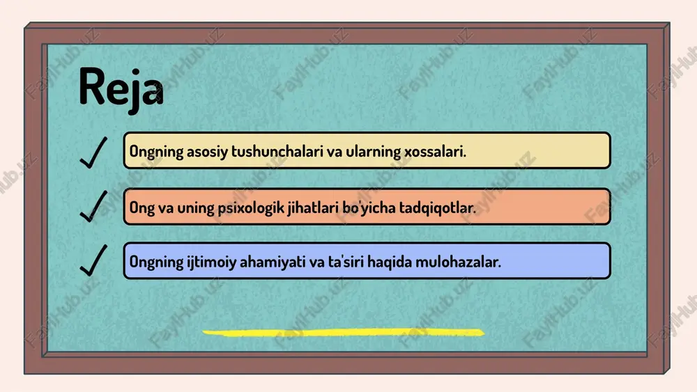 ir. psixologiya ongni o'rganishga yordam beradi. ong va psixologiya o'rtasidagi bog'liqlik inson ichki va tashqi muhit bilan munosabatlarini o'rganishga yordam beradi. ongni o'rganish usullari psixologik tadqiqotlar orqali amalga oshiriladi. eksperiment va kuzatish metodlari keng qo'llaniladi. ongning o'zini anglashga ta'siri o'zini anglash - bu odamning o'z fikrlarini, his-tuyg'ularini va xatti-harakatlarini anglash jarayonidir. ongning bu jarayondagi roli shundaki, u insonning o'zini va atrofidagi dunyoni tushunishiga yordam beradi. psixologik nazariyalar, masalan, kognitiv nazariya, o'zini anglashni ongning murakkab xususiyati sifatida ko'rsatadi. o'zini anglashni rivojlantirish uchun bir nechta usullar mavjud: 1. o'z-o'zini tahlil qilish, 2. meditatsiya va ongli ravishda fikr yuritish, 3. o'z his-tuyg'ularini va fikrlarini yozib borish. bu usullar insonning o'zini anglashini kuchaytiradi va ongni rivojlantiradi. ong va qaror qabul qilish jarayonlari ong qaror qabul qilish jarayonida muhim rol o'ynaydi. u insonning xulq-atvori, his-tuyg'ulari va fikrlash usullariga ta'sir qiladi. qaror qabul qilishda psixologik omillar muhim ahamiyatga ega. ular orasida stress, motivatsiya va aql-idrok darajasi …