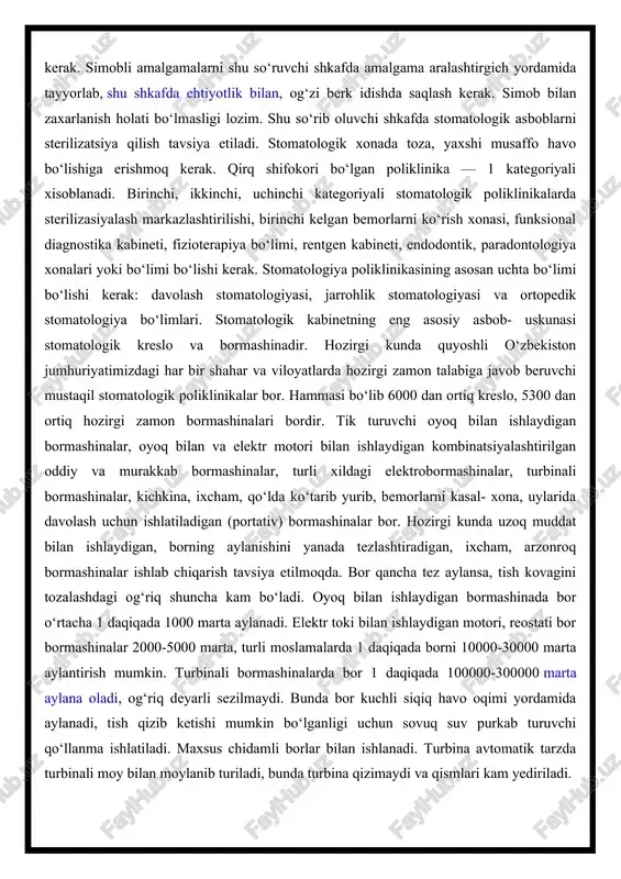 di. birinchi, ikkinchi, uchinchi kategoriyali stomatologik poliklinikalarda sterilizasiyalash markazlashtirilishi, birinchi kelgan bemorlarni ko‘rish xonasi, funksional diagnostika kabineti, fizioterapiya bo‘limi, rentgen kabineti, endodontik, paradontologiya xonalari yoki bo‘limi bo‘lishi kerak. stomatologiya poliklinikasining asosan uchta bo‘limi bo‘lishi kerak: davolash stomatologiyasi, jarrohlik stomatologiyasi va ortopedik stomatologiya bo‘limlari. stomatologik kabinetning eng asosiy asbob- uskunasi stomatologik kreslo va bormashinadir. hozirgi kunda quyoshli o‘zbekiston jumhuriyatimizdagi har bir shahar va viloyatlarda hozirgi zamon talabiga javob beruvchi mustaqil stomatologik poliklinikalar bor. hammasi bo‘lib 6000 dan ortiq kreslo, 5300 dan ortiq hozirgi zamon bormashinalari bordir. tik turuvchi oyoq bilan ishlaydigan bormashinalar, oyoq bilan va elektr motori bilan ishlaydigan kombinatsiyalashtirilgan oddiy va murakkab bormashinalar, turli xildagi elektrobormashinalar, turbinali bormashinalar, kichkina, ixcham, qo‘lda ko‘tarib yurib, bemorlarni kasal- xona, uylarida davolash uchun ishlatiladigan (portativ) bormashinalar bor. hozirgi kunda uzoq muddat bilan ishlaydigan, borning aylanishini yanada tezlashtiradigan, ixcham, arzonroq bormashinalar ishlab chiqarish tavsiya etilmoqda. bor qancha tez aylansa, tish kovagini tozalashdagi og‘riq shuncha kam …