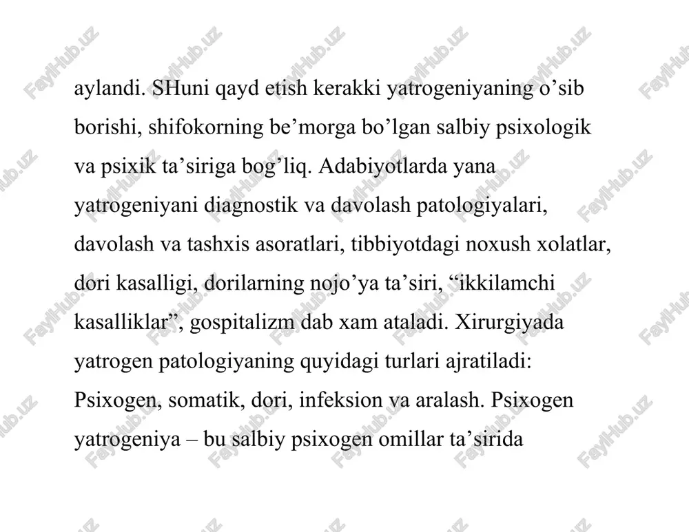 ralashish. davolash – profilaktika bosqichida: - operatsiyaga tayyorgarlikni noto’g’ri va yetarli bo’lmasligi, operatsiyadan oldingi va keyingi profilaktika asoratlari - operatsiyani noto’g’ri bajarish(operatsiya ko’lamini asossiz ravishda kengaytirish yoki kamaytirish, tavsiya etilmagan jarrohlik aralashuvlarini bajarish, a’zo va to’qimalarning jaroxatlanishi, yot jismni qoldirish) 495 - evtanaziyada bevosita va bilvosita qatnashish. ko’pincha kasbiy bilimlarning yetishmasligi xirurgiyadagi yatropatgeniyalarning sababi bo’lib qolishi mumkin. masalan be’morda kam uchraydigan va qiyin tashxis qo’yiladigan kasallik bo’lganda shifokor bilimining yetishmasligi oqibatidagi yatrogen patologiya kelib chiqishi mumkin. bunday yatropatogeniyalarning yaqqol misoli qilib davriy kasalliklardagi ko’p sonli jarroxlik aralashuvlarini keltirish mumkin. kelib chiqishi fizik omillarga asoslangan yatrogen kasalliklarni davolash (turli xil diagnostik va davolash muolajalari va operatsiyalar) konservativ (fizioterapiyaning turlari, medikamentoz, sanator-kurort davolash) yoki qayta operatsiya qilishni talab qilishi mumkin, masalan, chandiqlanish kasalligida, operatsiya qilingan oshqozon kasalliklarida. kelib chiqishi fizik omillarga asoslangan yatropatogeniyalar profilaktikasida xar qanday ko’lamdagi instrumental tekshiruv usullari va diagnostik va davolash xarakteridagi muolajalarga ko’rsatmalarni ongli ravishda cheklash, operativ davolashni …
