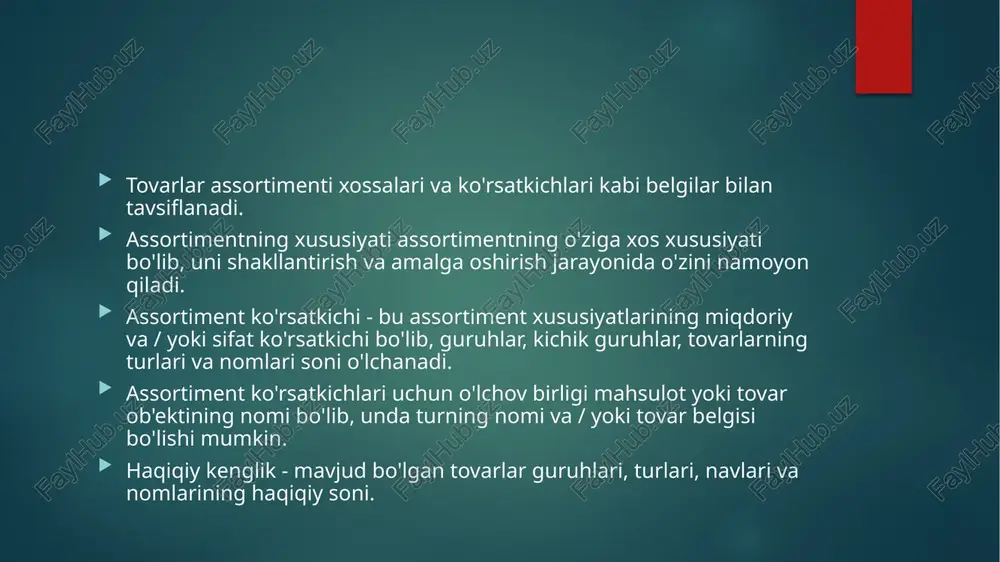 agi tovarlarning har bir turi va / yoki nomining o'ziga xos ulushi bilan tavsiflanadi. ushbu asosiy ko'rsatkichlarga qo'shimcha ravishda, assortiment chuqurlik, ratsionallik, uyg'unlik va assortiment minimumi (ro'yxat) bilan ham tavsiflanadi. assortimentning chuqurligi - bir xil turdagi tovarlarning markalari va / yoki ularning modifikatsiyalari va / yoki tovar buyumlari soni. ushbu ko'rsatkichning o'lchov birligi tovar belgisidir va modifikatsiyalar mavjud bo'lganda - ulardan biri mahsulot assortimentini ishlab chiqarish maromiyligi bilan kompleks o‘rganish operatsion faoliyatga to‘liq baho berishga, o‘zgarishlarni makon va zamonda aniq tasniflash imkonini beradi. shu sababli, assortiment rejaining bajarilishi bilan bir qatorda ularni ishlab chiqarishng maromiyligiga ham baho beriladi. ayrim korxonalar yillik, kvartal, oylik rejalarini ortig‘i bilan bajarishi, ammo, ishlab chiqarishni bir maromda tashkil eta olmaslik natijasida erishilgan samara va natijaviylik ko‘zda tutilgan yoki rejalashtirilgan yutuqni ta’minlay olmaydi. shu bilan birga mahsulot ishlab chiqarishdagi maromiylikni buzilishi shartnoma majburiyatlarini barbod bo‘lishiga, uning oqibatida jarimalar to‘lanilishiga, moliyaviy ahvolning qiyinlashishiga ham olib keladi. image6.png …