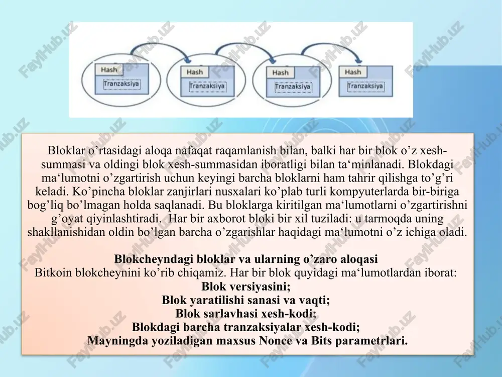 otlar almashishda. 6. sug`urta polislarni ro`yxatdan o`tkazish uchun 7. mulk huquqlarini himoya qilish, shuningdek ularni yangi mulkdorga o`tkazish 9. intelektuall mulk ob`ektlarini xavfsizligini ta`minlash 8. shaxsiy ma`lumotlarni boshqarish 10. hujjatlar arxivi yaratishda yordam berish blokcheynning afzalliklari markaz serveri yo`q operatsiyalarning yuqori tezligi va aniqligi operatsiyalarning shaffofligi infobazaning to`liq nusxasi tizimninhg har bir a`zosida saqlanadi axborotni shifrlash blokcheyn qayerlarda ishlatiladi? raqamli sertifikatlarni saqlash sertifikatlarni suxsatsiz harakatlardan himoya qilish faol ishlatilgan dns tizimini tashkil qilish domen nomini himoya qiladi bir nechta misollar ishlab chiqilgan va amalda turli xil tovarlar bilan operatsiyalar aqilli shartnomalar yordamida tranzaktsiyalarni himoya qilish ba`zi mamlakatlar aqilli kontraktlardan faol foydalanmoqda idenfikatsiya va kirish huqularini tasdiqlash ma`lumotlarga xavfsiz kirish va maxfiyligini ta`minlaydi ba`zi yirik xorijiy kompaniyalar tomonidan qo`llaniladi tarmoq boshqaruvi xavfsizlik bir nechta tizimlar tomindan qo`llaniladi mulk huquqi va operatsiyalarni amalga oshirish tasdiqlash va egalik huquqini o`tkazish bir nechta platformalar ishlab chiqilgan va ishlaydi muallifning huqularini tasdiqlash intellektual mulkni saqlash …