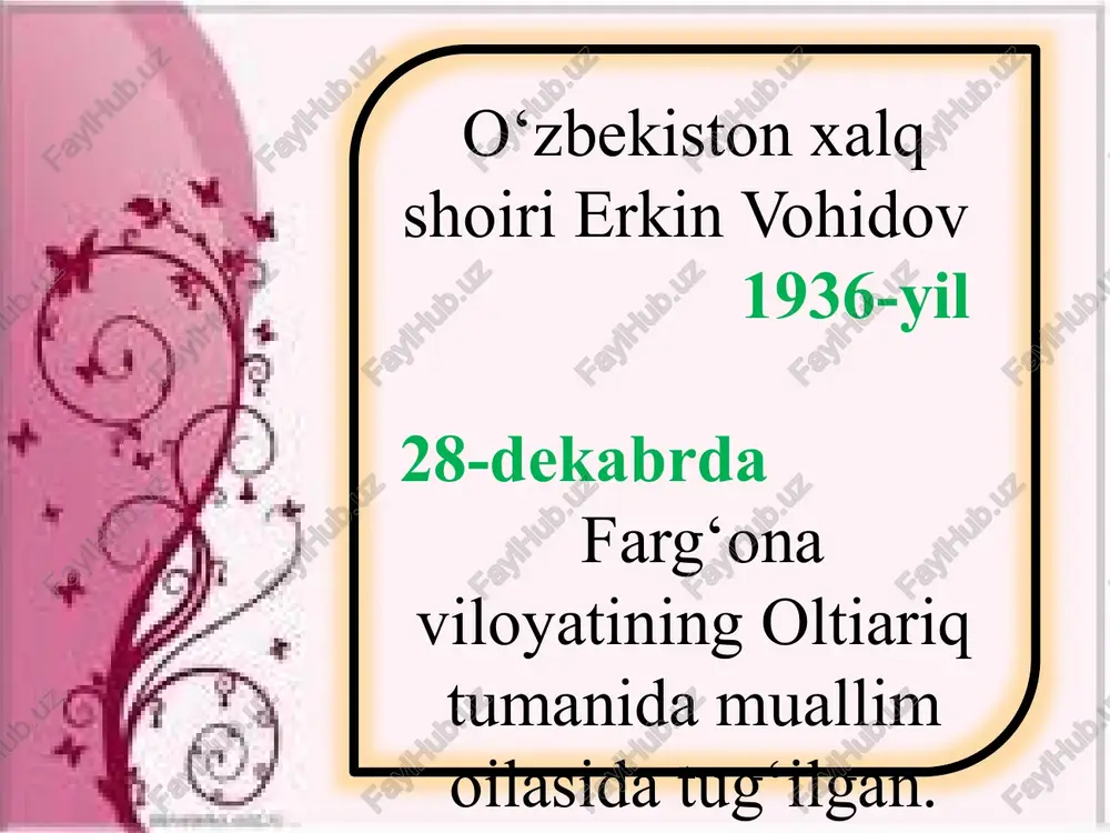 n. lekin u paytda «o’zbegim» degan so’zni baralla aytish oson emasdi. «biz sovet xalqimiz», degan gap bo’rttirib gapirilar, «o’zbekmiz», «qozoqmiz», «qirg’izmiz», deyish millatchilik hisoblanardi. shu tufayli bu qasidani matbuotda chop ettirishim oson bo’lmagan. olib borgan joyimda ham «o’zbegim» so’zini «xalqimiz» deb o’zgartirib bering, deyishgandi. bir qancha misralarini olib ham tashlashgan” . asarda madh etilgan millat qahramonlari beruniy xorazmiy forobiy o’zluq tarxon muqanna mirzo ulug‘bek mir alisher mirzo bobur shoh mashrab nodira muqimiy furqat bilimingizni sinang! «o‘zbegim» qasidasida xalqimiz tarixining qaysi sahifalari tilga olinadi? qaysari rum kim? “ko‘kragida tog‘ ko‘targan tanti dehqon o‘zbegim” misralarini sharhlang. zardushtiylik haqida nima bilasiz? sarbadorlik harakati nima bilasiz? millat qahramonlari deganda kimlarni nazarda tutamiz va nima uchun? zehn matni. unga ko`r, quyidagi matndagi ayrim ma’lumotlar noto`g`ri, siz uni topib, jadvalga joylashtiring. to`g`risi qanday bo`lishini ham unutmang. o‘zbekiston xalq shoiri erkin vohidov 1936-yil 28-oktabrda farg‘ona viloyatining beshariq tumanida mehnatkash oilasida tug‘ilgan. uning otasi ikkinchi jahon urushidan og‘ir …