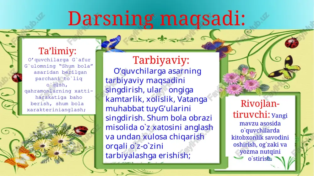 ishlatgan yolg`onlarni tartib bilan joylashtiring? 2-guruh (5 daqiqa) asardagi shum bola tilidan aytilgan maqollarni sharhlang? 1.dandon sopli pichoqning sinishi; 2. tozi itning o`limi; 3. otning o`limi; 4.og`ilxonaga, qo`rg`onga , omborga o`t ketishi; 5. bo`riboybachchaning o`limi; 6. adol opaning farzand ko`rishi; 7. tug`ilgan chaqaloq xuddi badal aravakashga quyib qo`ygandek o`xshashi. 1. “mol sotganda aybini aytib sotmoq” 2. “xudo urgan ziqna bo`lmang” 3. “onasini uchqo`rg`onda ko`rmoq” 4. “berdisini aytgancha shosilmaslik” 5. “o`pkasini uzib yubormang” iv. yangi mavzuni mustahkamlash: “raqam bilan tillashamiz, asar yuzasidan bellashamiz!” o`yini; “asardagi joy nomlarini shum bola bilan bog`lab fikr bildiramiz” o`yini; “asardagi qoravoy bilan sodir bo`lgan voqealar haqida fikr bildiramiz” o`yini “raqam bilan tillashamiz, asar yuzasidan bellashamiz!” o`yini 22 tiyn 20 qamchi 6 tanga bir miri 2 pud 17 qadoq 73 ta qo`y 2 ta to`qli bir echki yuzlab tanob olmazor 1 oy-u 19 kun xulosa aziz asrimizning aziz onlari, aziz odamlardan so`raydi qadrin. fursat g`animatdir, shoh satrlar-la …