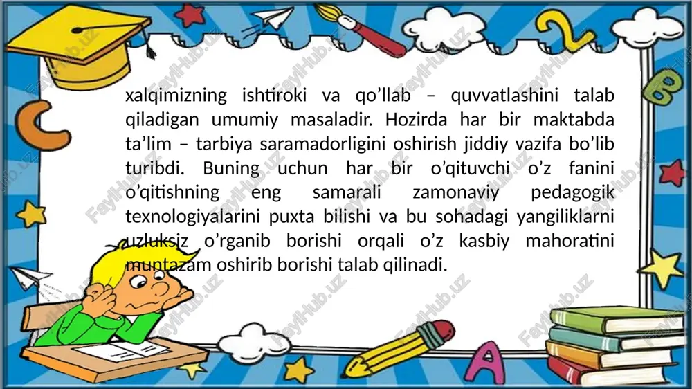 asini qo‘llash bir muammoni hal qilish yo‘lidan turlicha va iloji boricha ko‘proq taklif, fikr – mulohazalarni yig‘ishdan iborat. avvaliga har qanday takliflar qabul qilinadi. keyin esa, ularning ichidan eng ma‘qulini tanlab olinadi. bu metodni qo‘llashda eng nozik tomoni hamma takliflarni -eslab qolishdir. shuning uchun ularni yozib borish kerak bo‘ladi. o‘qituvchi ularni shartli belgilar va qisqartirishlar bilan doska yoki vatman qog‘ozga yozib boradi. e’tiboringiz uchun raxmat image1.jpeg image2.png image3.jpeg image4.jpeg image5.jpeg /docprops/thumbnail.jpeg