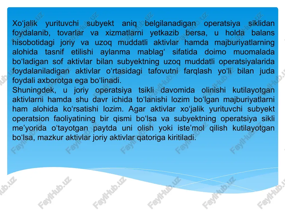 jalik yurituvchi subyekt buxgalteriya balansiga tushuntirishlarda quyidagilarni ochib berishi lozim a) aksiyadorlik mablag‘ining har bir toifasi bo‘yicha: e’lon qilingan aksiyalar sonini, chiqarilgan, haqi to‘la to‘langan, chiqarilgan, lekin haqi to‘la to‘lanmagan aksiyalar sonini, aksiyalarning nominal qiymatini, yilning boshida va oxirida haqi to‘lanmagan aksiyalar sonining kamayishini, aksiyadorlik mablag‘ining har bir toifasiga taalluqli huquqlar, afzalliklar va cheklashlar, shu jumladan dividendlarni taqsimlash va sarmoyani qoplashga doir cheklashni, jamiyatning o‘ziga, xo‘jalik yurituvchi subyektga qarashli sho‘ba va uyushgan jamiyatlariga tegishli aksiyalar, opsion va savdo shartnomasi bo‘yicha emissiya uchun zaxiraga ajratilgan aksiyalar, shu jumladan ularning muddatlari va miqdorlari haqidagi axborotlar; v) o‘z sarmoyasidagi zaxiralar mohiyati va maqsadlari bayoni. s) majburiyatlarda dividendlarni to‘lash uchun ajratilgan pul miqdorining mavjudligi (aksiyadorlar yoki muassislar, ishtirokchilar yig‘ilishida rasmiy ravishda ma’qullanmagan to‘lovlar miqdorining mavjudligi) haqidagi axborotlar ochib berilishi zarur. xo‘jalik yurituvchi subyekt o‘z sarmoyasidagi o‘zgarishlarni aniq aks ettirishi yuzasidan buxgalteriya balansiga izohlar, hisob-kitoblar va tushuntirishlarda‚ shuningdek: - davr boshida va hisobot sanasida to‘plangan …