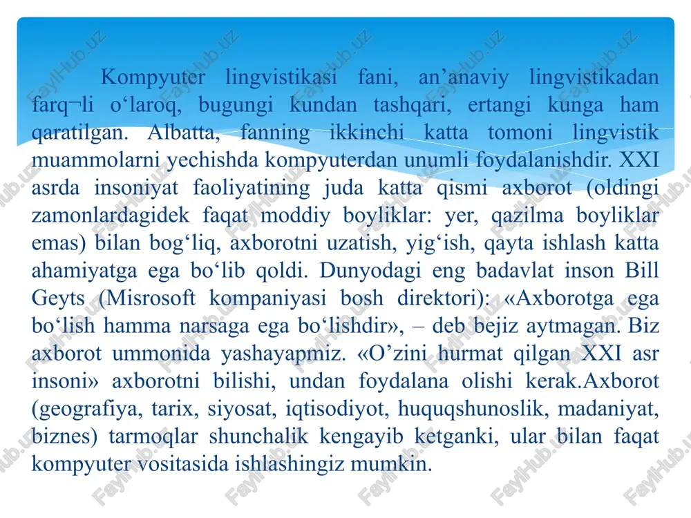 b chiqish ingliz tiliga qaraganda katta hajmda ish bajarishni talab qiladi. demak, lingvistika+matematika+kompyuter birligida ishlashimiz lozim. bu quyidagi ishlarni amalga oshirishni taqozo etadi: • tilni (bizning holda o‘zbek tilini) sistemalash, to‘liq ma’lumotlar bazasini yaratish va uni dunyo tili (bizning holatda ingliz tili) bilan qiyoslash. • aniq fanlar, texnika, meditsina, biznes, tijorat, huquqshunoslik, diplomatiya, munshaot sohalarida hizmat qiladigan o‘zbek tilining aniq, qisqa va xalqaro me’yorlarga asoslangan axborot uslubini yaratish. • o’zbek tili grammatikasining formal va aksiomatik modellarini yaratish. • o’zbek tilini kompyuterga olib kirish, ya’ni o‘zbek tili bilan bog‘liq masalalar – o‘zbek tiliga o‘qitish, bilimlarni baholash (test), matnlarni o‘zbekcha ovozlashtirish, axborotni ovoz orqali kompyuterga kiritish, matnlarni tahrirlash, tarjima qilishni kompyuterda bajaradigan dasturlarni ishlab chiqish. mazkur tadbirlarni amalga oshirishda o‘zbek kompyuter lingvis¬tikasi quyidagi bo‘limlarga suyanadi: – an’anaviy lingvistikani hozirgi zamon talablari doirasida ko‘rib chiqish; – kompyuter lingvistikasi asoslanadigan matematika bo‘limlarini o‘rganish; – o‘zbek kompyuter lingvistikasi masalalarini, erishgan natijalarini va amalga oshirilishi kerak …